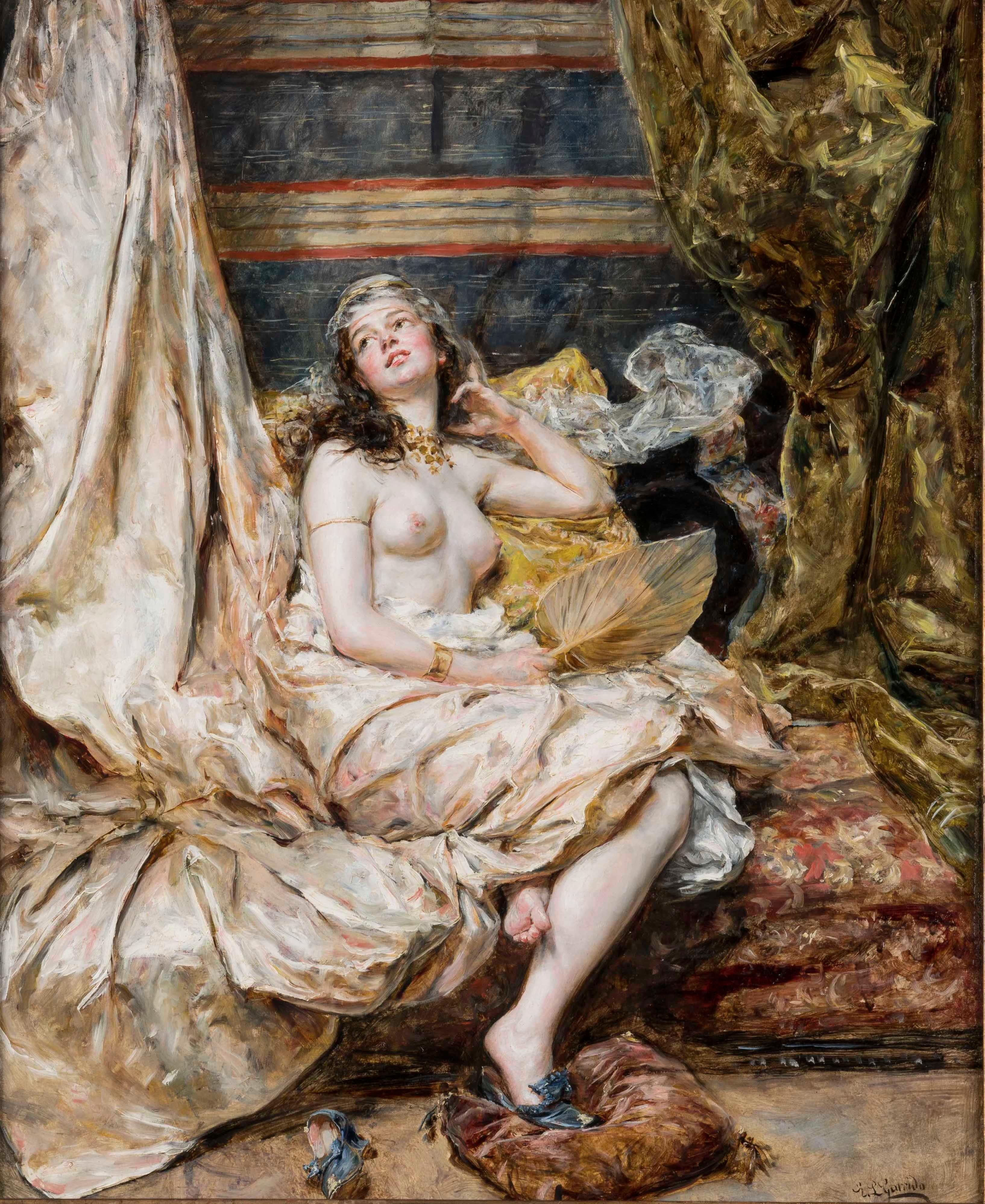 Belle Époque Pittura a olio su pannello 'Interno dell'harem' di Eduardo León Garrido in vendita