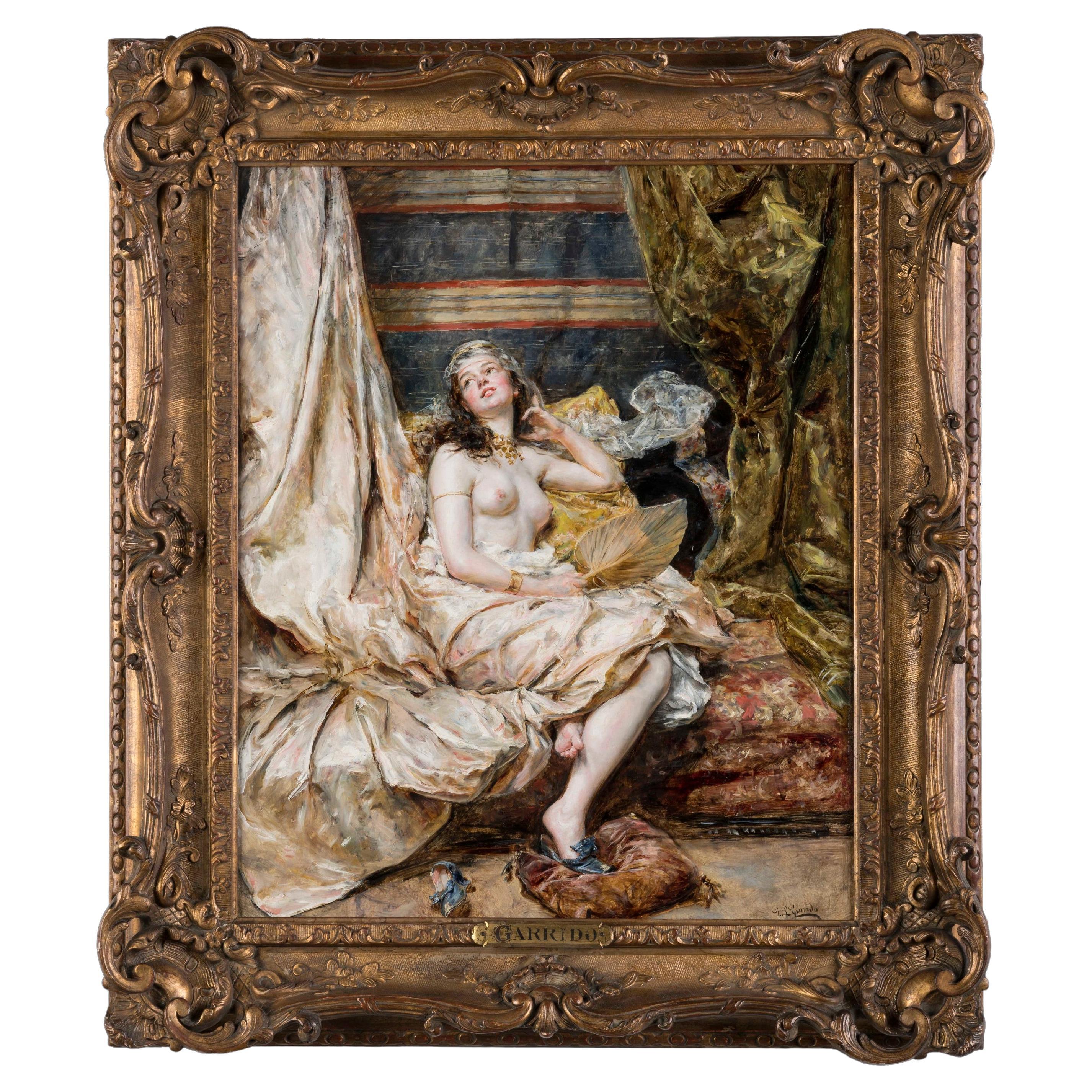 Pittura a olio su pannello 'Interno dell'harem' di Eduardo León Garrido