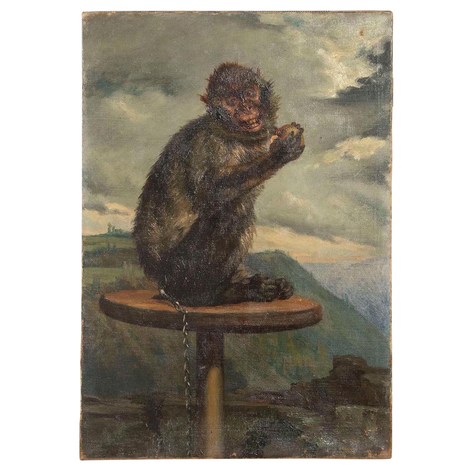 Oil on Panel Painting of a Monkey