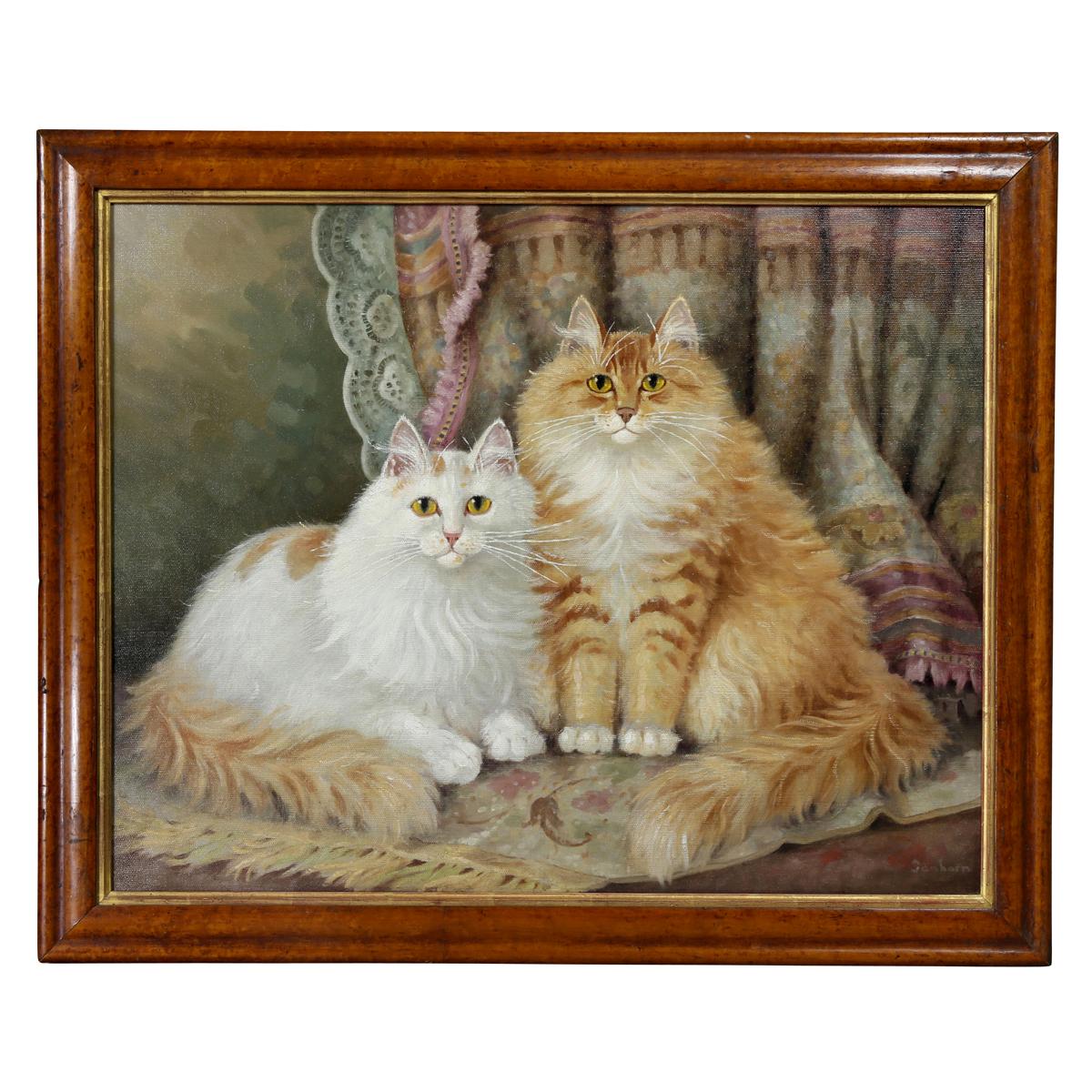 Oil on Panel Painting of Two Cats by Percy S Sanborn