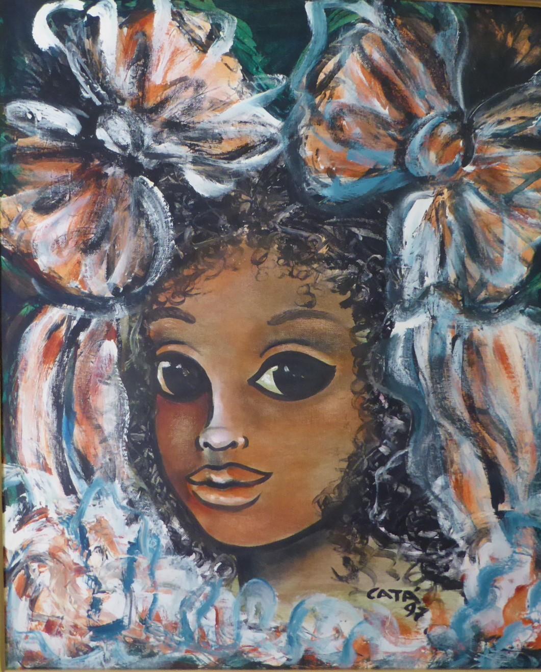 Vintage painting titled CACHITA from 1997 by Hector CATÁ, Cuban-American artist. Oil on canvas panel painting depicting a wide eye young girl with bows on the hair on a deep blue (almost black)  background. Bows and ribbons in white, turquoise and