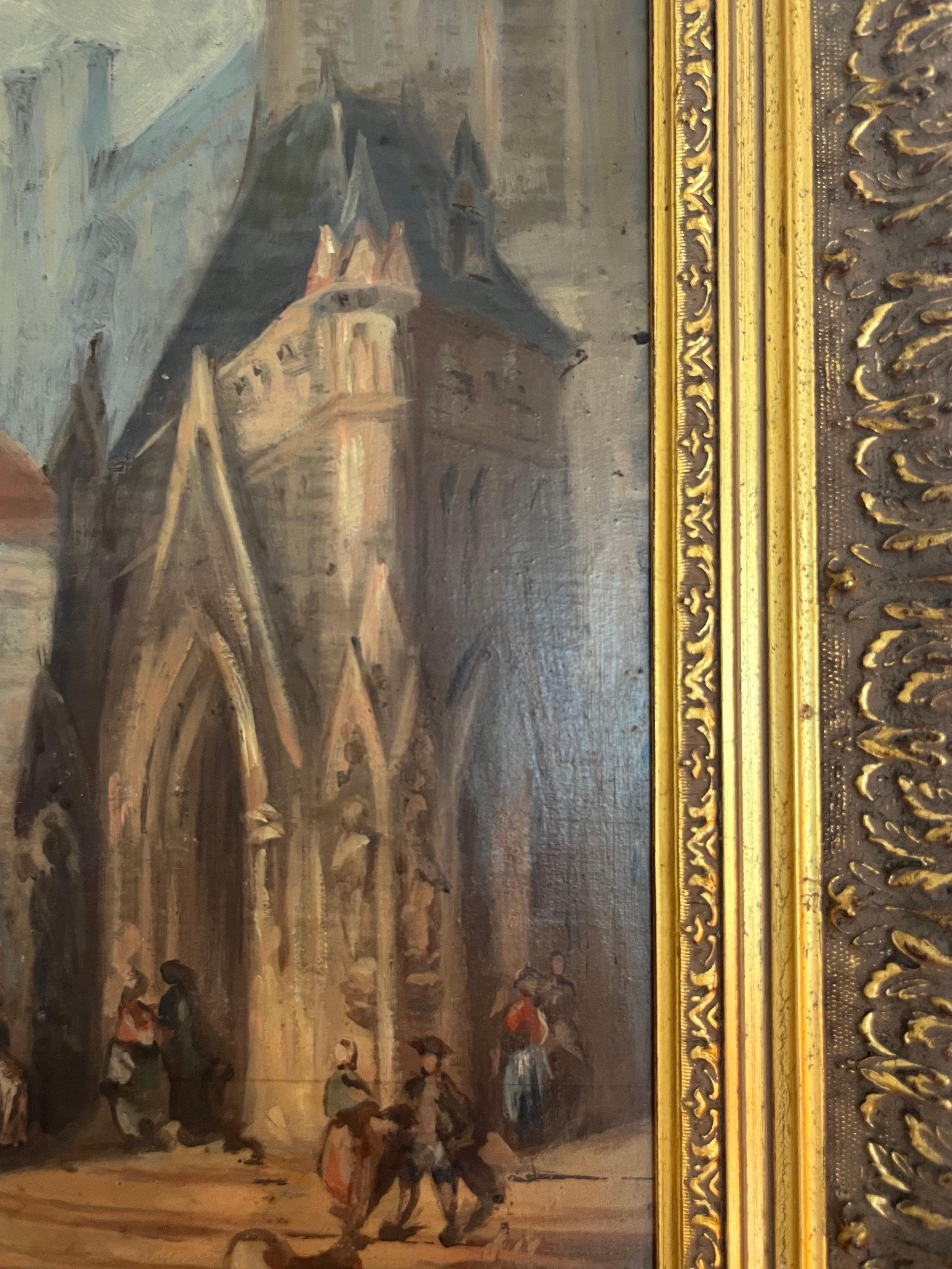 Huile sur panneau - École Troubadour - 19e - Scène carrée d'église - France en vente 3