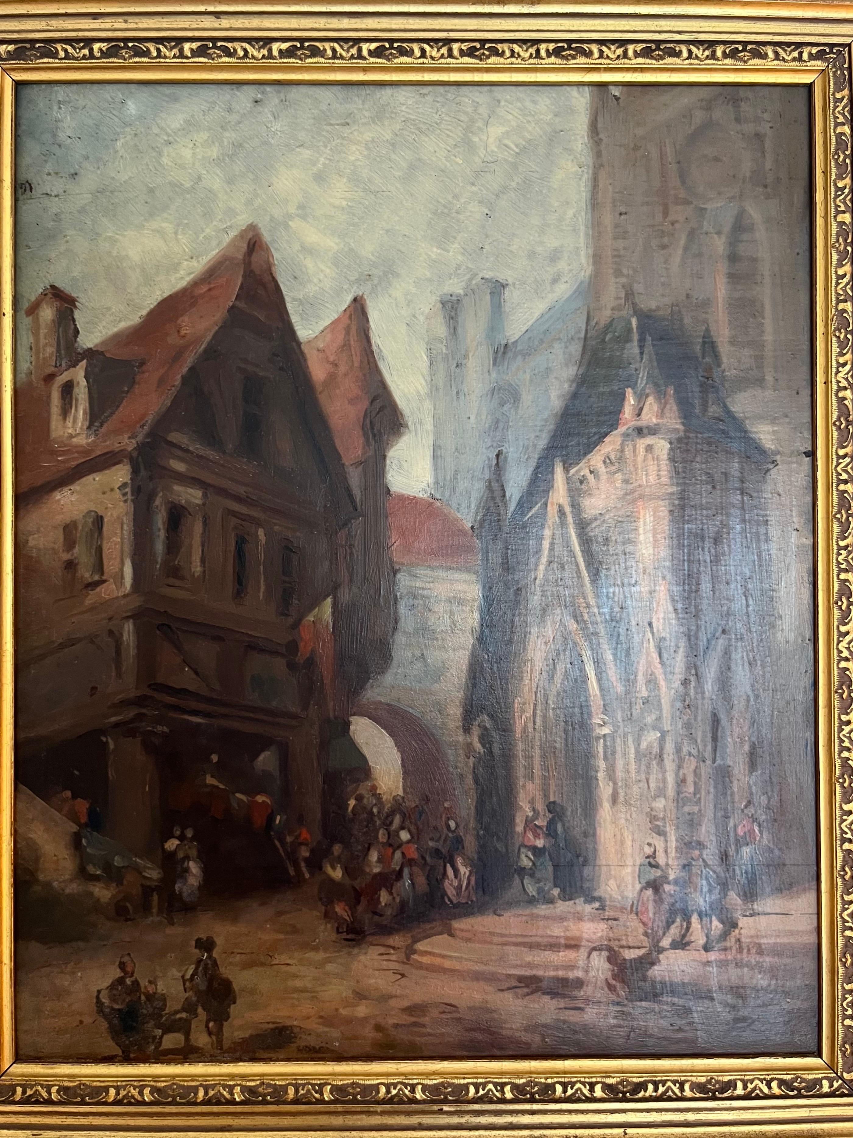 Huile sur panneau - École Troubadour - 19e - Scène carrée d'église - France en vente 4