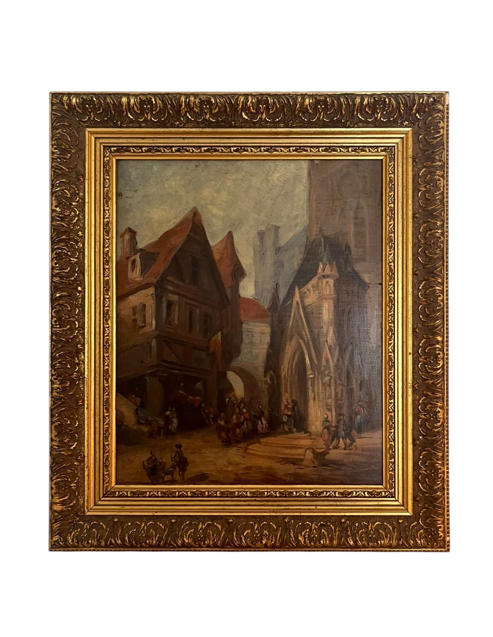 Huile sur panneau de bois du XIXe siècle, école Troubadour.
Belle huile sur panneau représentant une scène de vie sur une place de Church s, un village au pied d'une église. De nombreux personnages interviennent.
Cette peinture nous plonge dans une