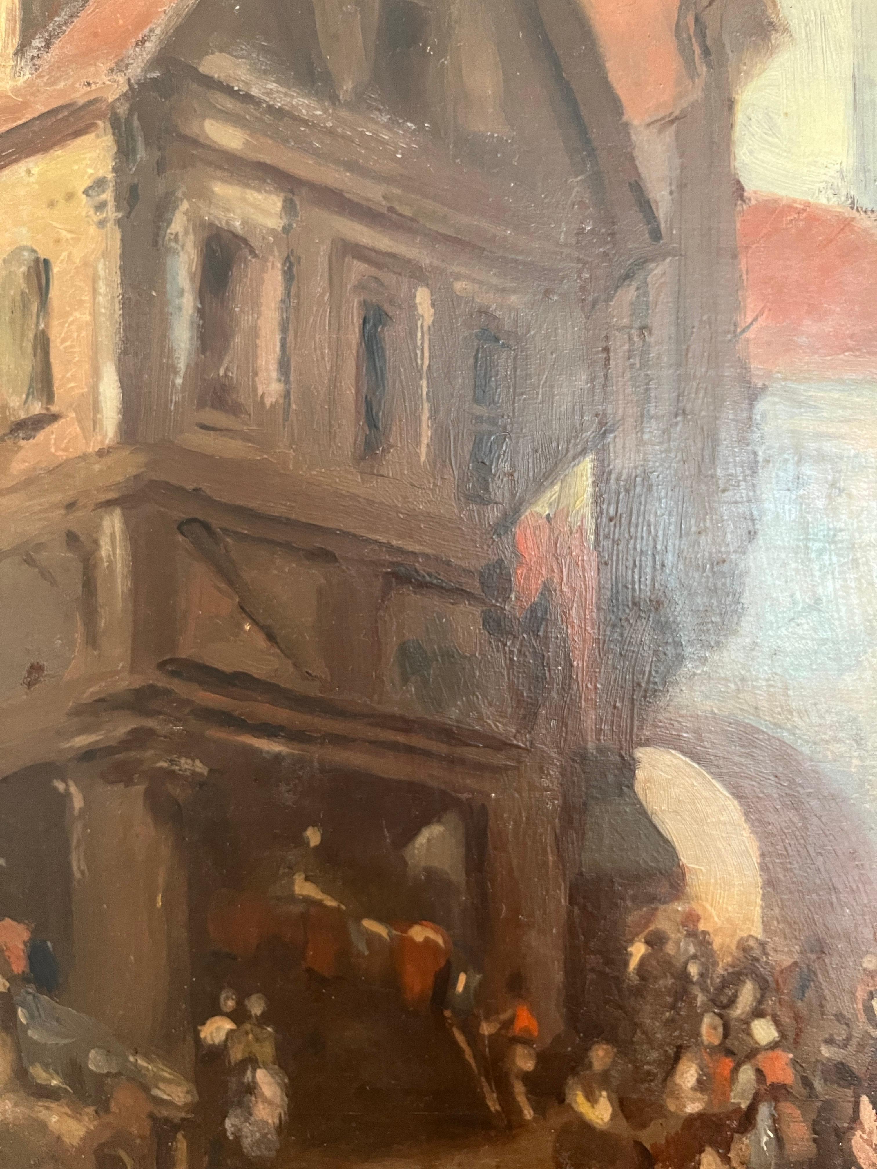 Romantique Huile sur panneau - École Troubadour - 19e - Scène carrée d'église - France en vente