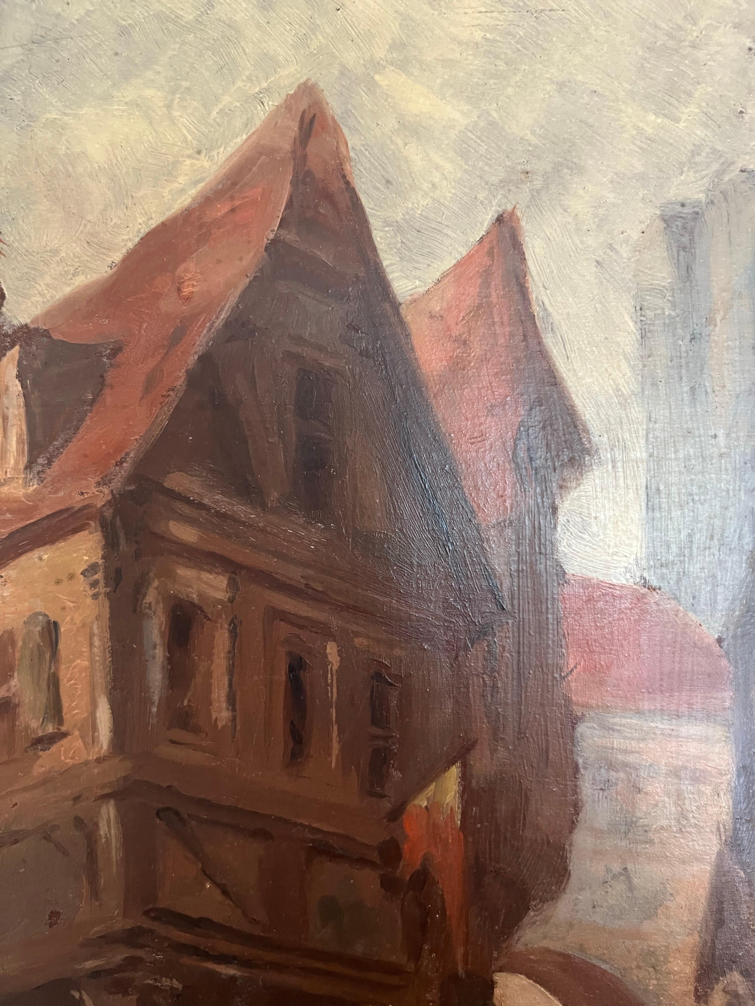 Français Huile sur panneau - École Troubadour - 19e - Scène carrée d'église - France en vente