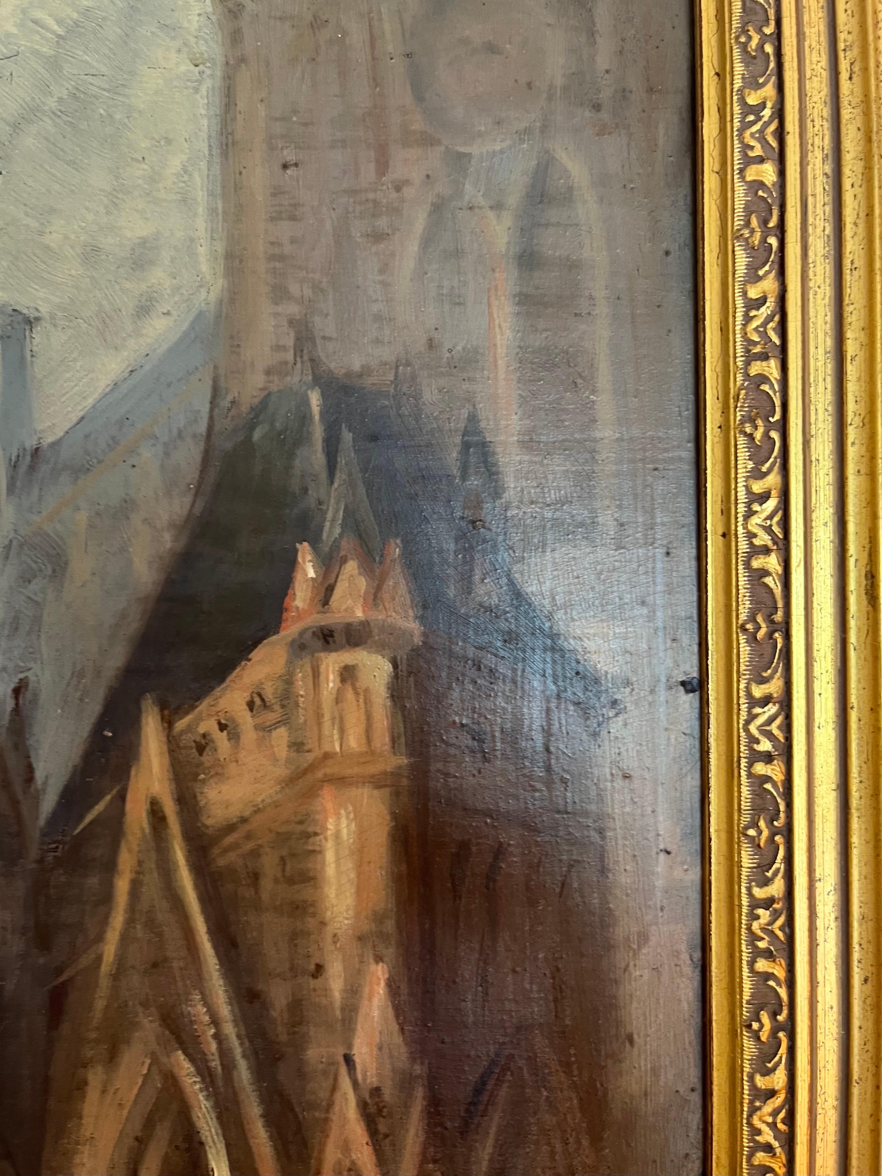 Huilé Huile sur panneau - École Troubadour - 19e - Scène carrée d'église - France en vente