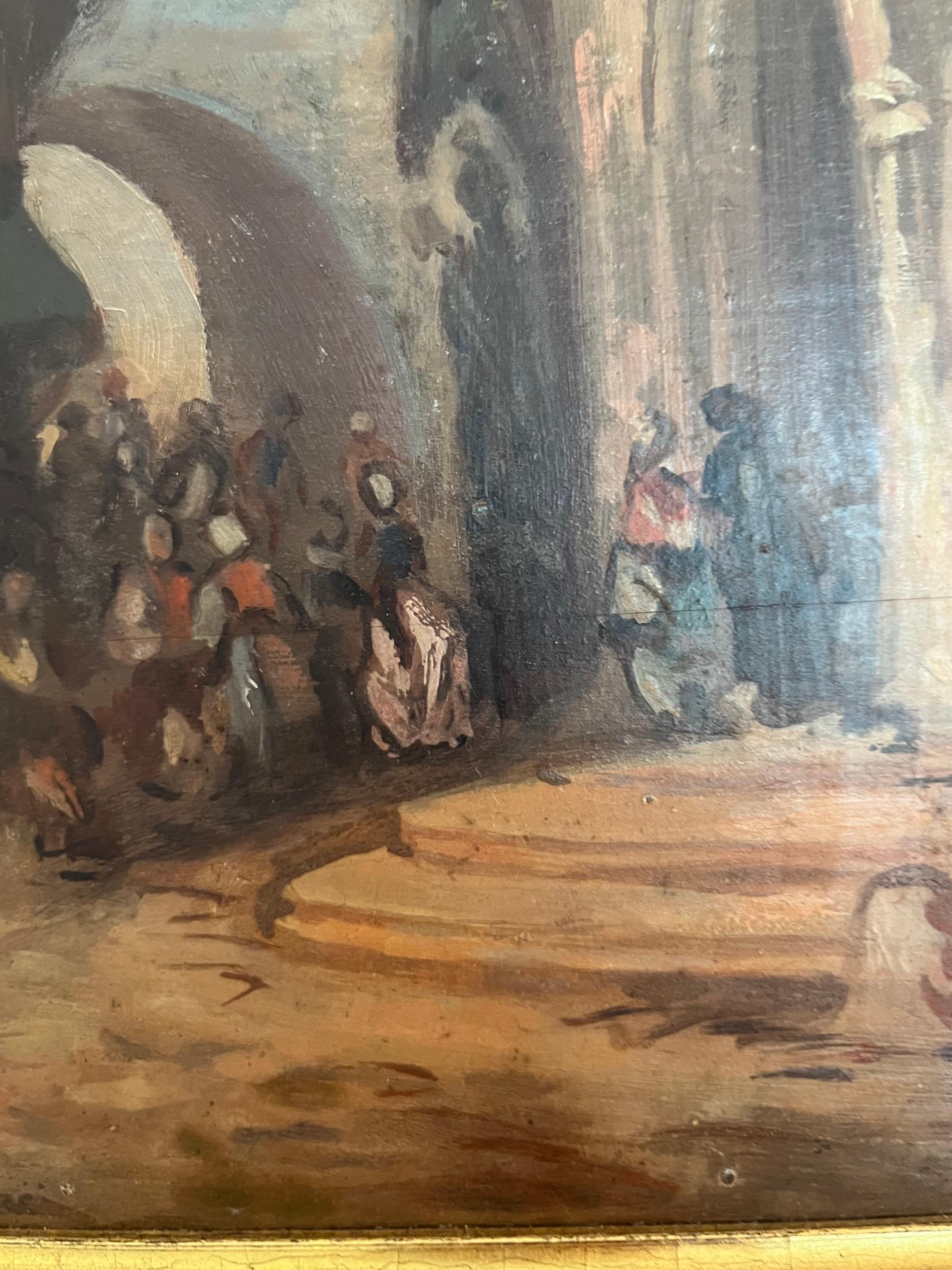 Huile sur panneau - École Troubadour - 19e - Scène carrée d'église - France Bon état - En vente à Beuzevillette, FR
