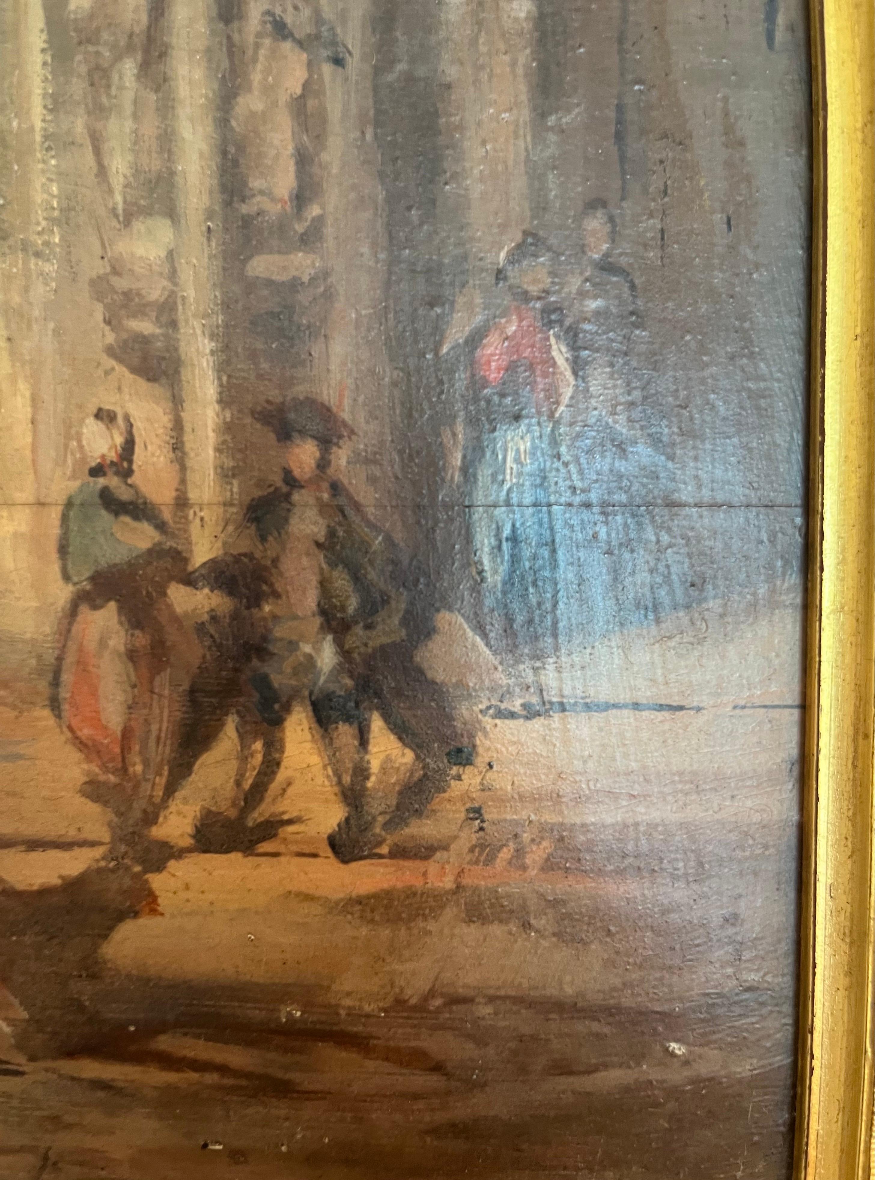 XIXe siècle Huile sur panneau - École Troubadour - 19e - Scène carrée d'église - France en vente