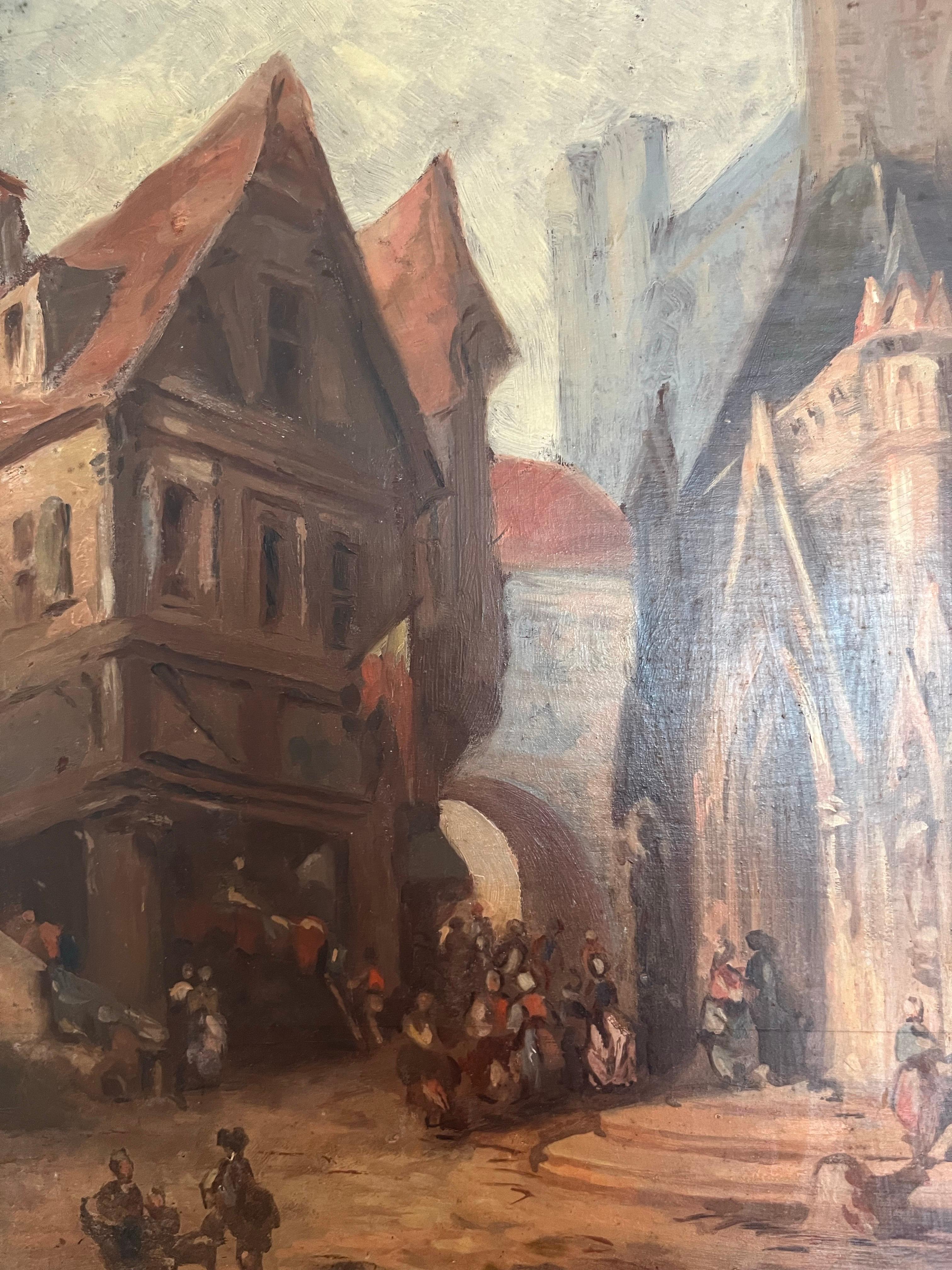 Bois Huile sur panneau - École Troubadour - 19e - Scène carrée d'église - France en vente