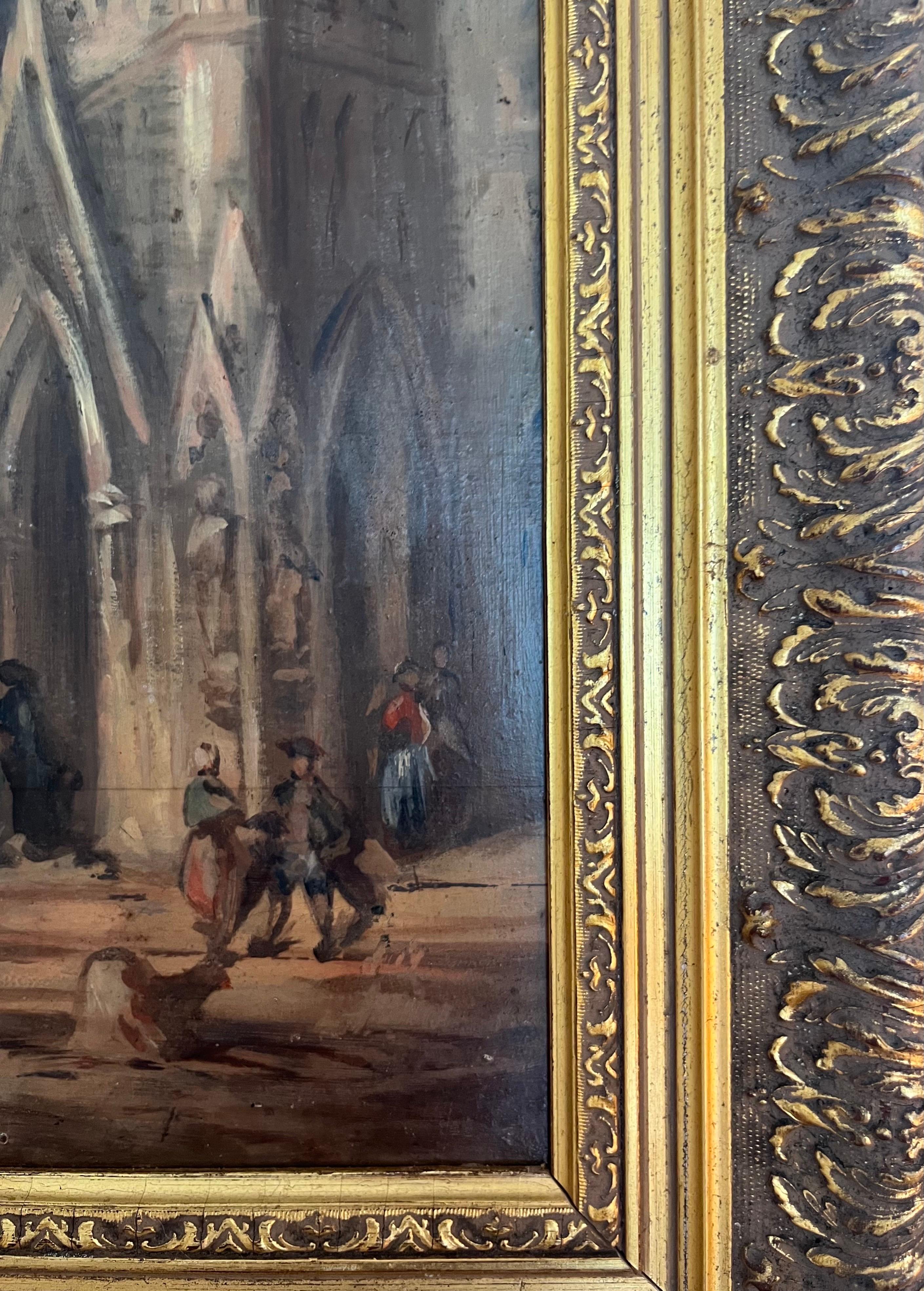 Huile sur panneau - École Troubadour - 19e - Scène carrée d'église - France en vente 1
