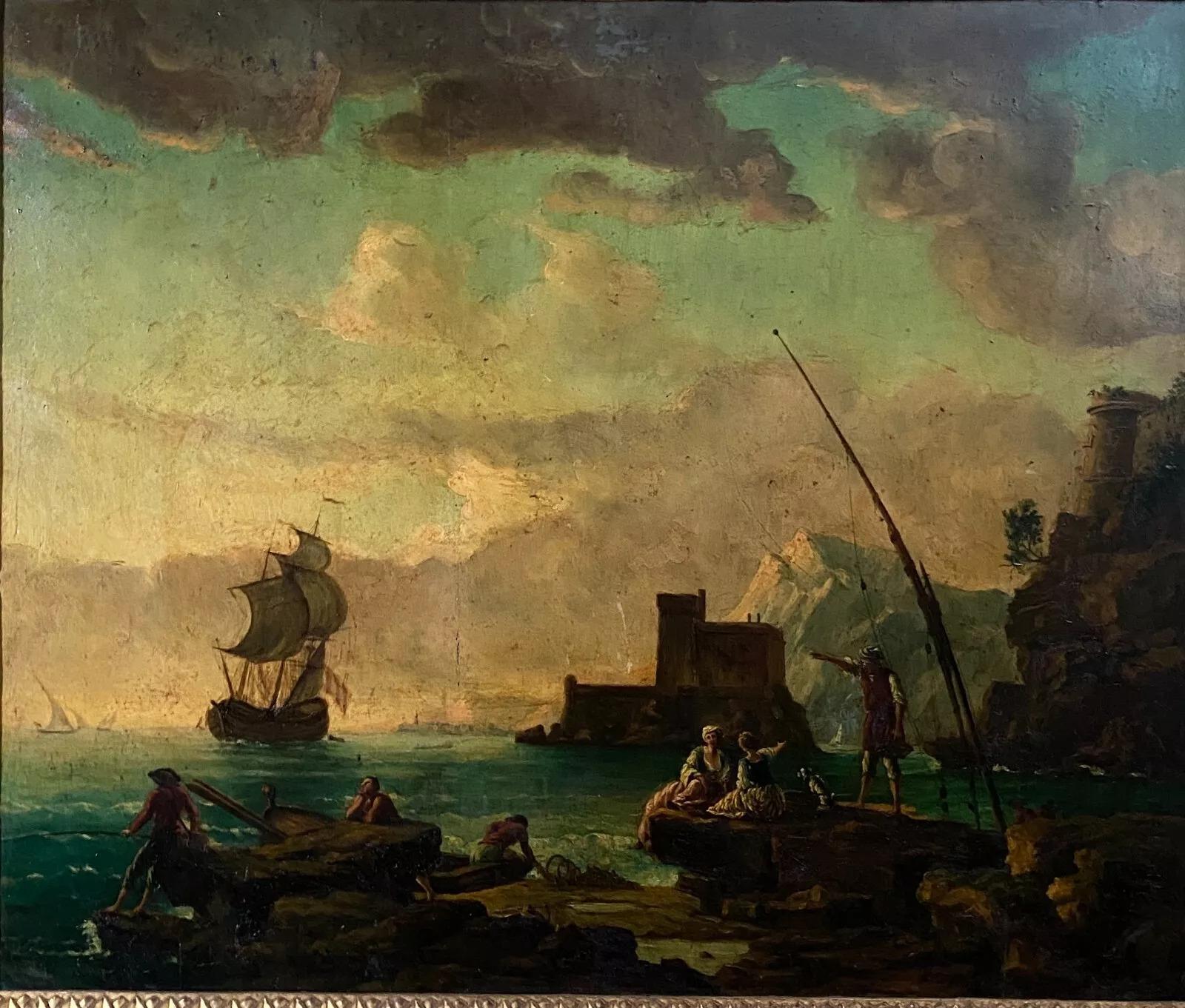 Öl auf Tafel Hafenszene 19. Jahrhundert Baguette-Rahmen 

Hier ist ein schönes Tafelbild, das eine Hafenszene aus dem 18. Jahrhundert darstellt. Das Werk ist authentisch und stammt aus dem frühen 19. Jahrhundert.

Es wurde mit großer Präzision