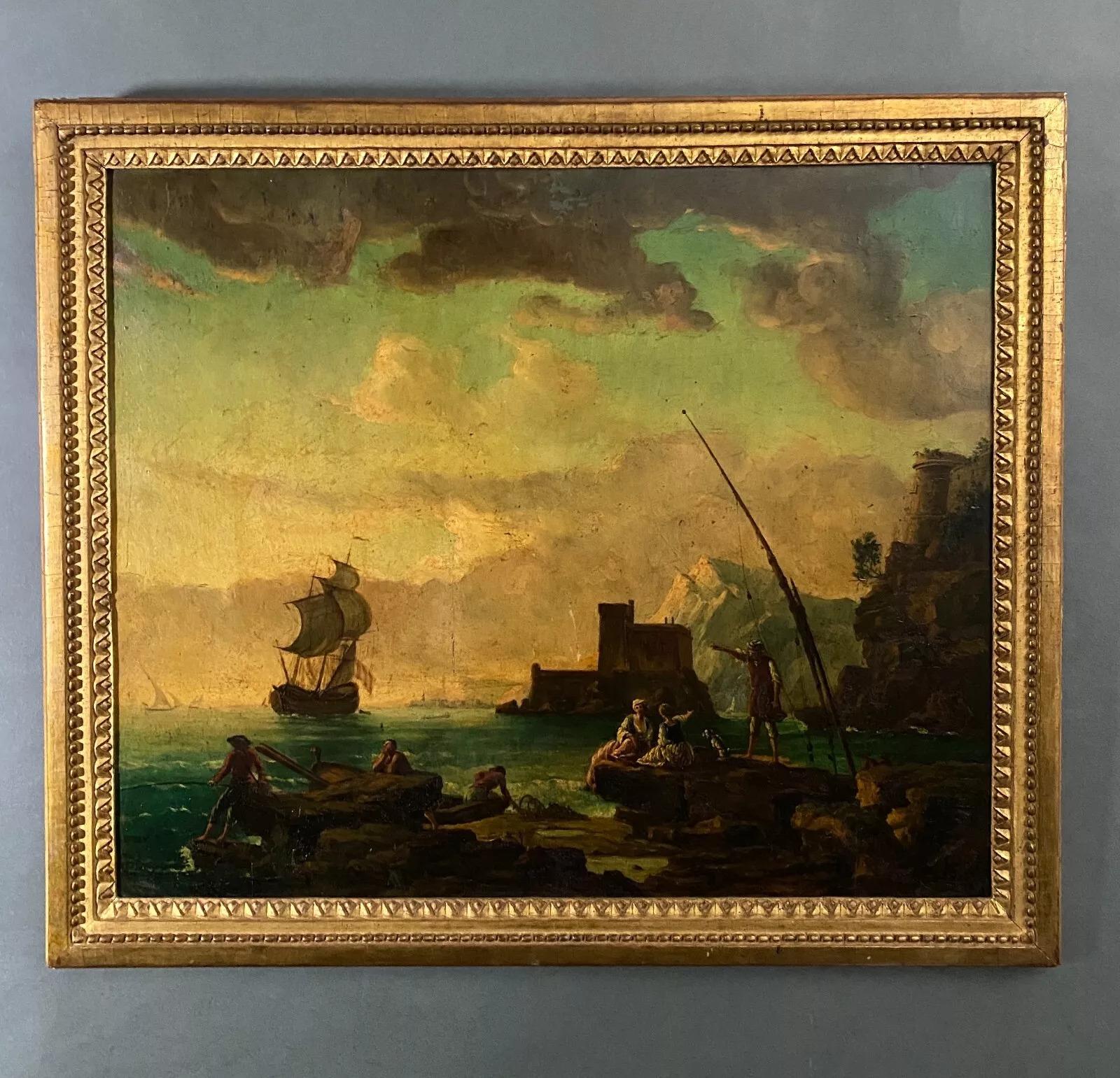 Ölgemälde auf Tafel, Hafenszene, folgender von Delacroix Marseille, 19. Jahrhundert (Französisch)