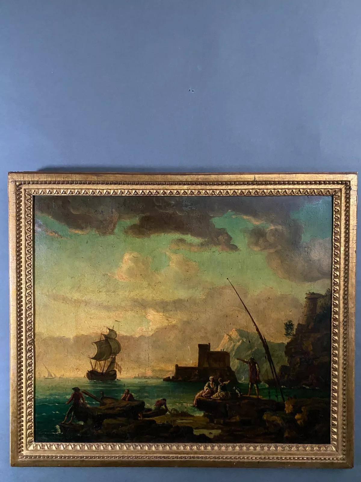 Ölgemälde auf Tafel, Hafenszene, folgender von Delacroix Marseille, 19. Jahrhundert (Geölt)