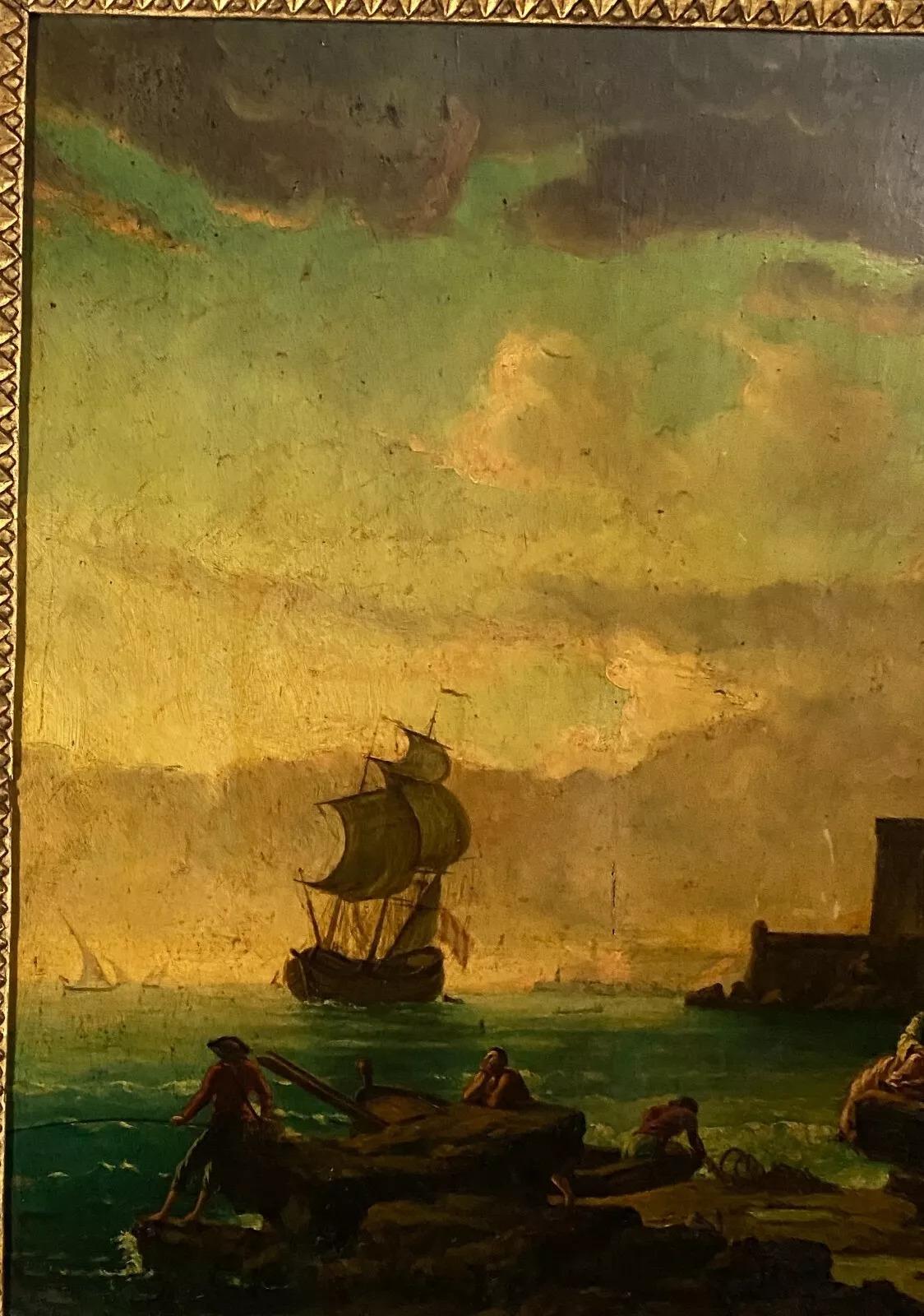 Ölgemälde auf Tafel, Hafenszene, folgender von Delacroix Marseille, 19. Jahrhundert (Farbe)