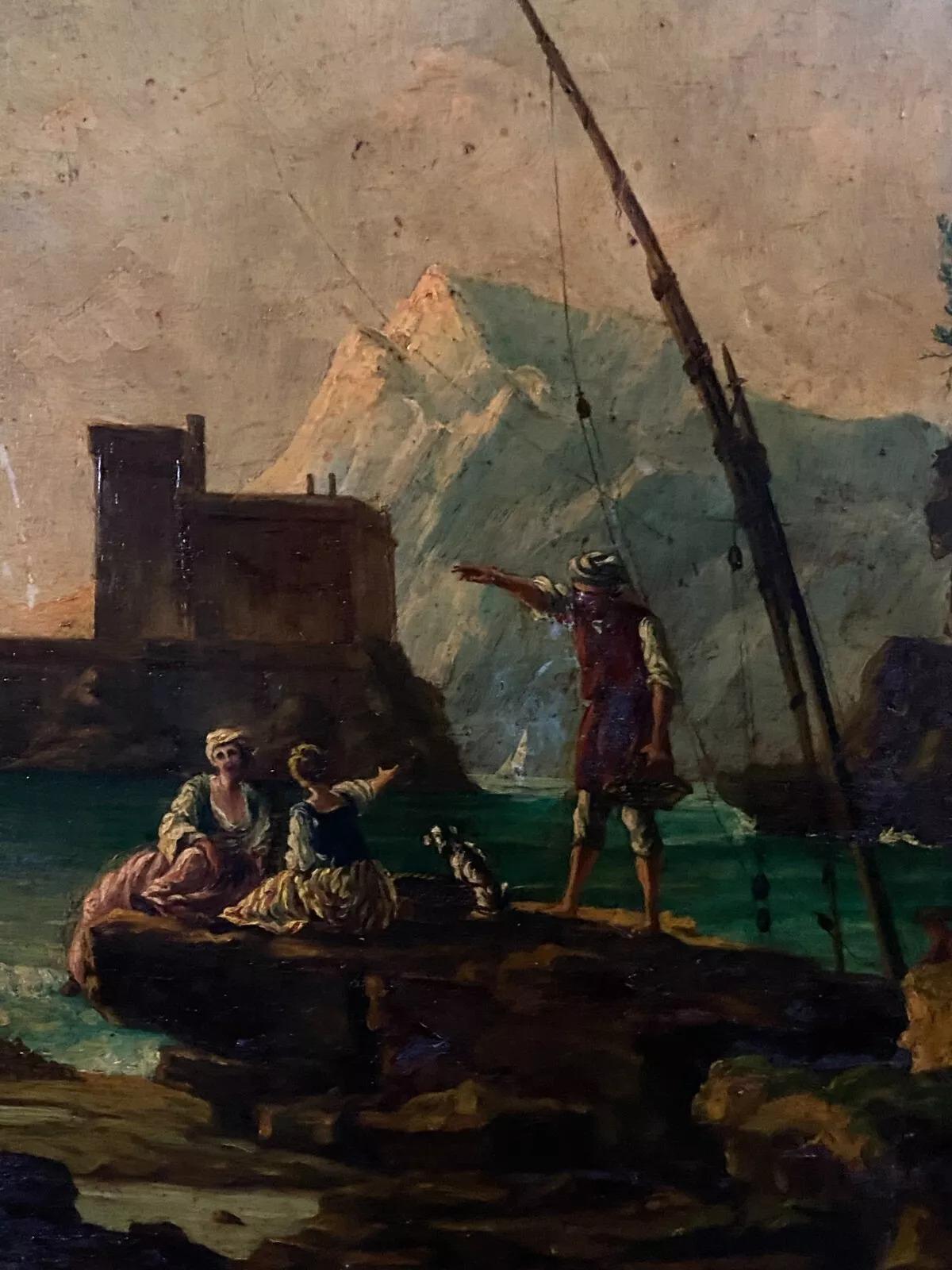 Ölgemälde auf Tafel, Hafenszene, folgender von Delacroix Marseille, 19. Jahrhundert 2