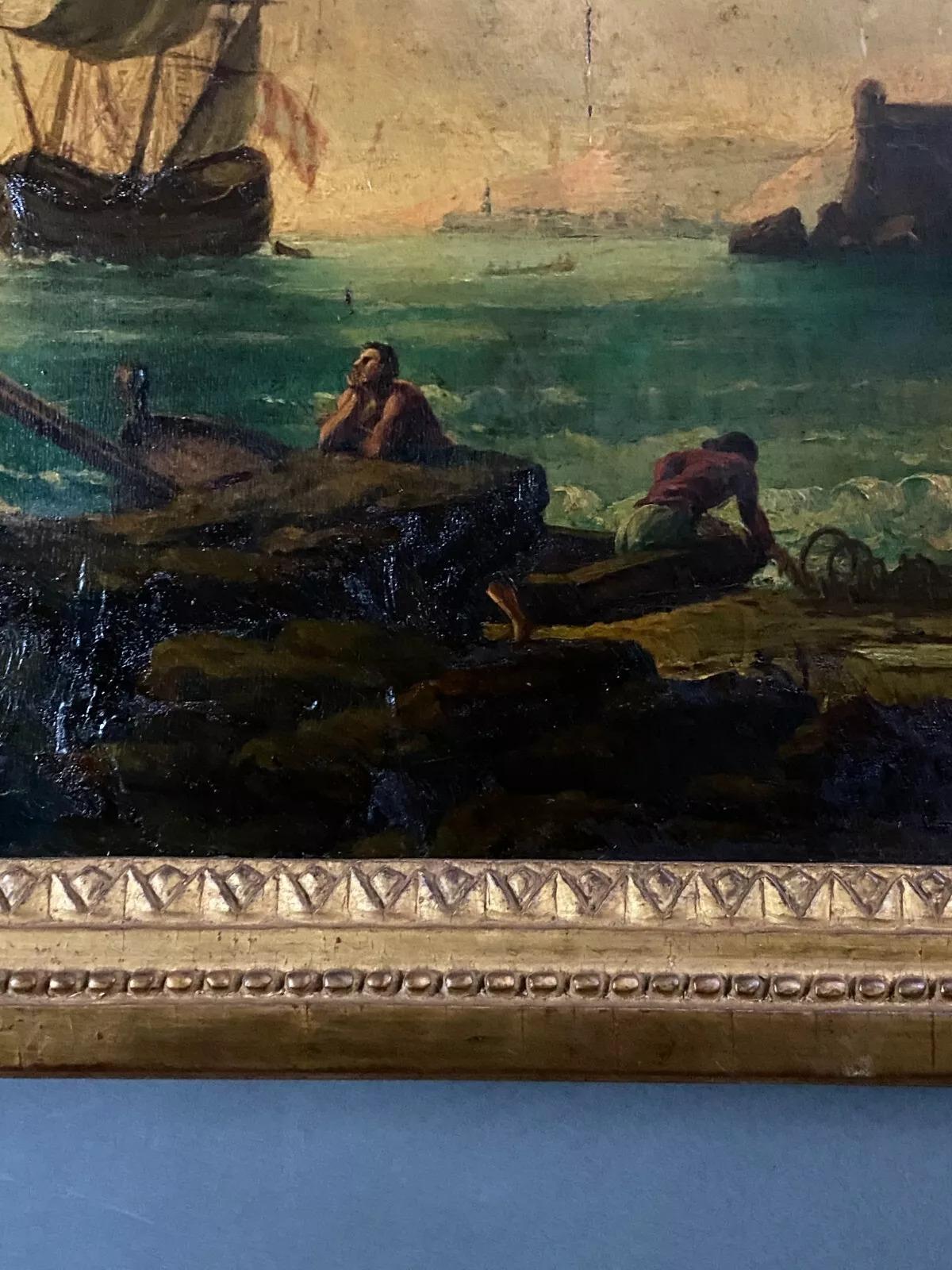 Ölgemälde auf Tafel, Hafenszene, folgender von Delacroix Marseille, 19. Jahrhundert 3