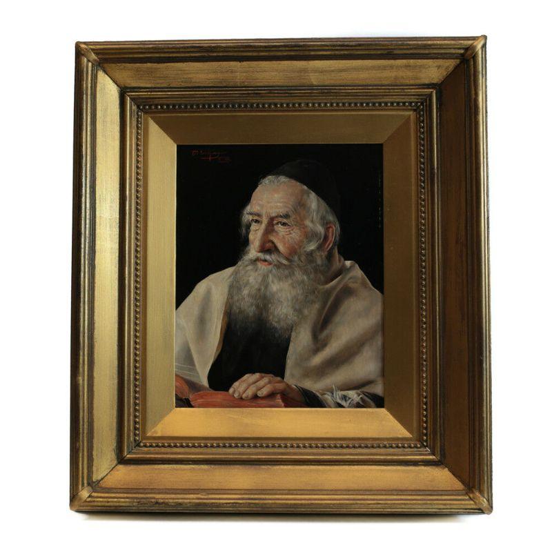 Oil on panel portrait painting of a rabbi by Otto Eichinger

Otto Eichinger (Austrian 20th Century) Oil on panel portrait painting of a rabbi posing and looking off to the distance. Signed by the artist to the upper left. Framed in a beaded gilt
