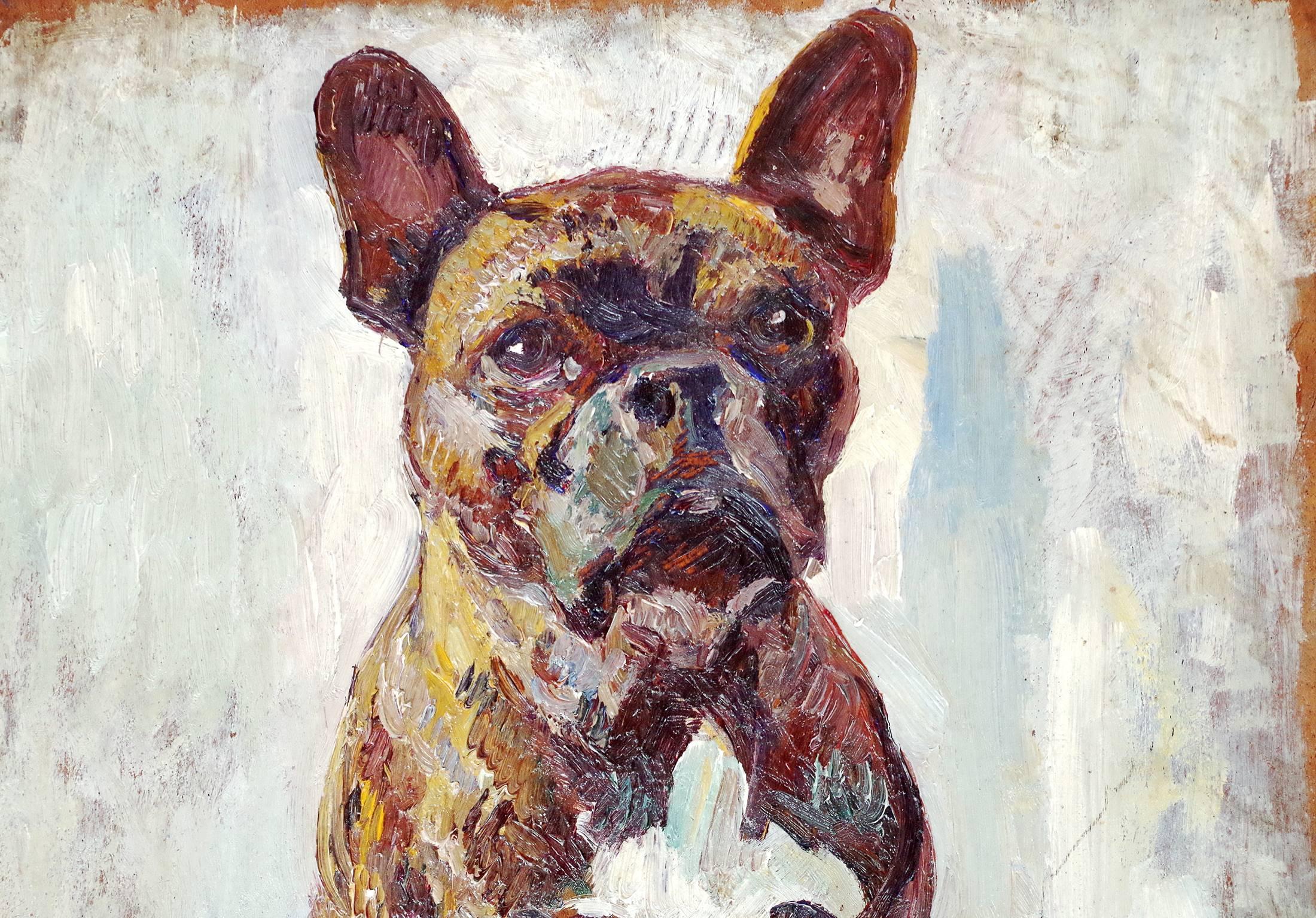 Oil on a wood panel representing a sitting bulldog, made by Gabriel Sue (1867-1958) a French animal painter trained to the National Society of Beaux-Arts of Bordeaux and the Julian Academy of Paris.

He exposed in Paris at the Salons of the