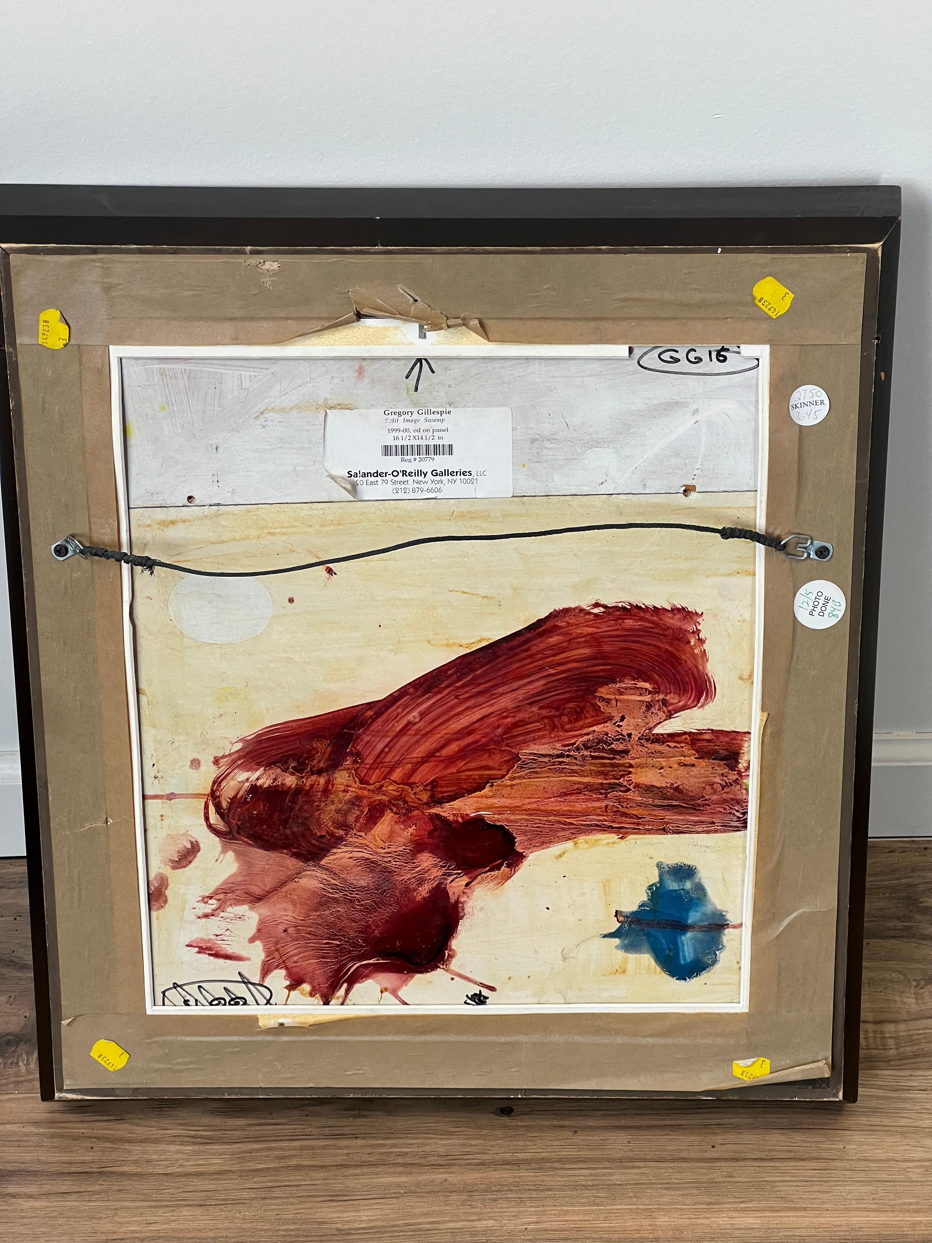 Hand-Painted Oil on Panel “Split Image Swamp” by Gregory Gillespie with Gallery Label on Vers For Sale