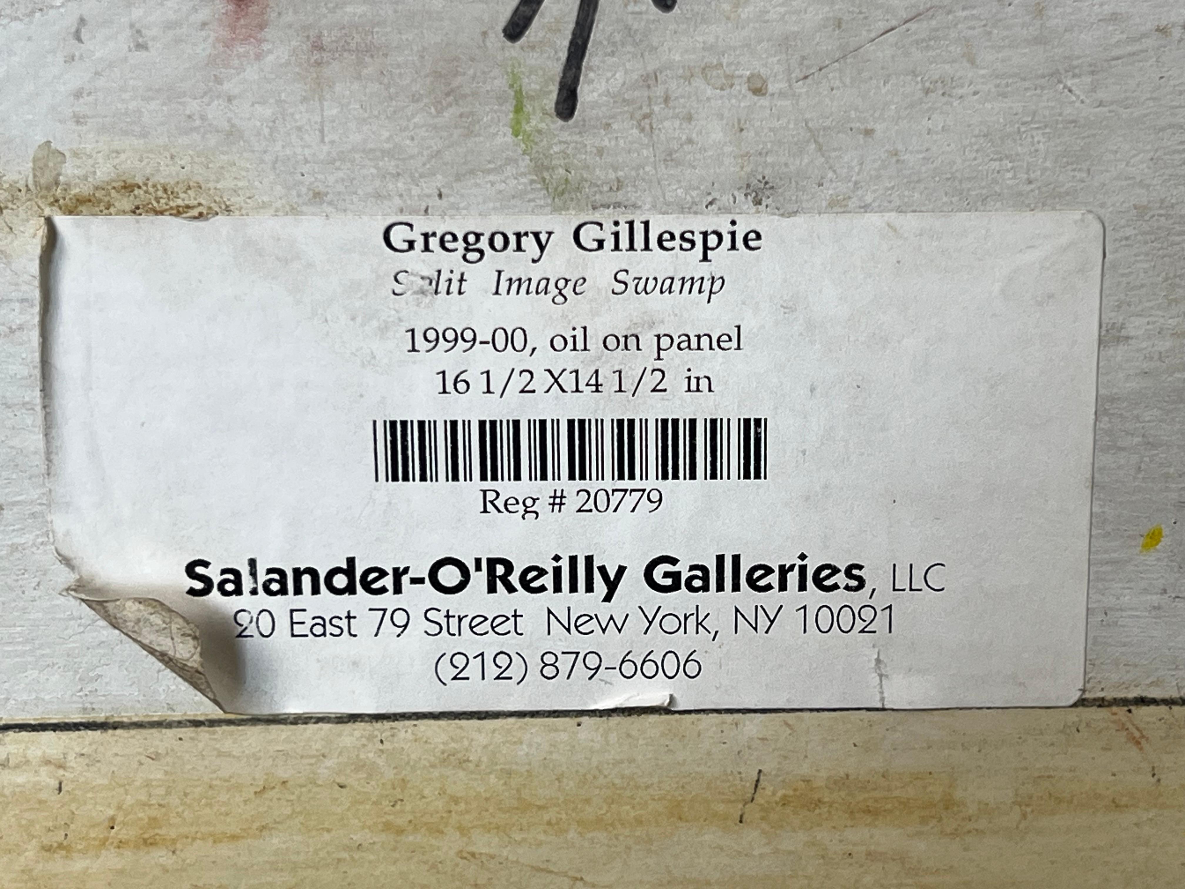 Oil on Panel “Split Image Swamp” by Gregory Gillespie with Gallery Label on Vers In Good Condition For Sale In Westfield, MA
