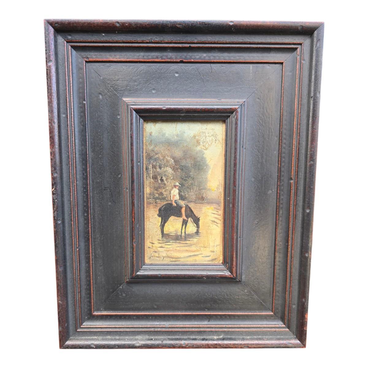 Ölgemälde auf Tafel „The Watering Trough“, 19. Jahrhundert (Handbemalt) im Angebot