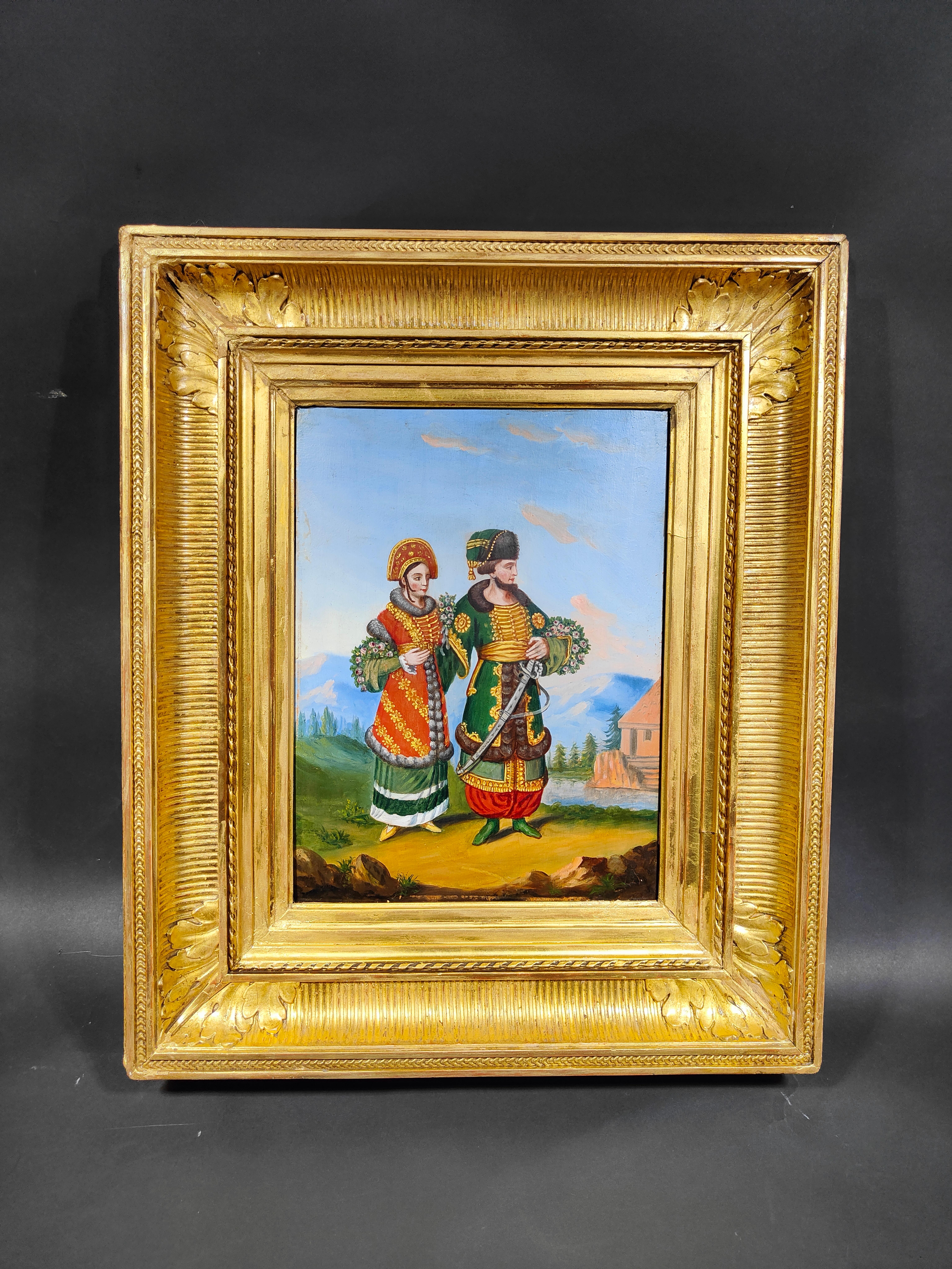 Oil On Panel With National Costumes, 19th century
Interesting oil on panel representing two characters dressed in national costumes of the time. Late 19th century. Eastern European School. With its original frame. Dimensions: 31x24 cm without frame