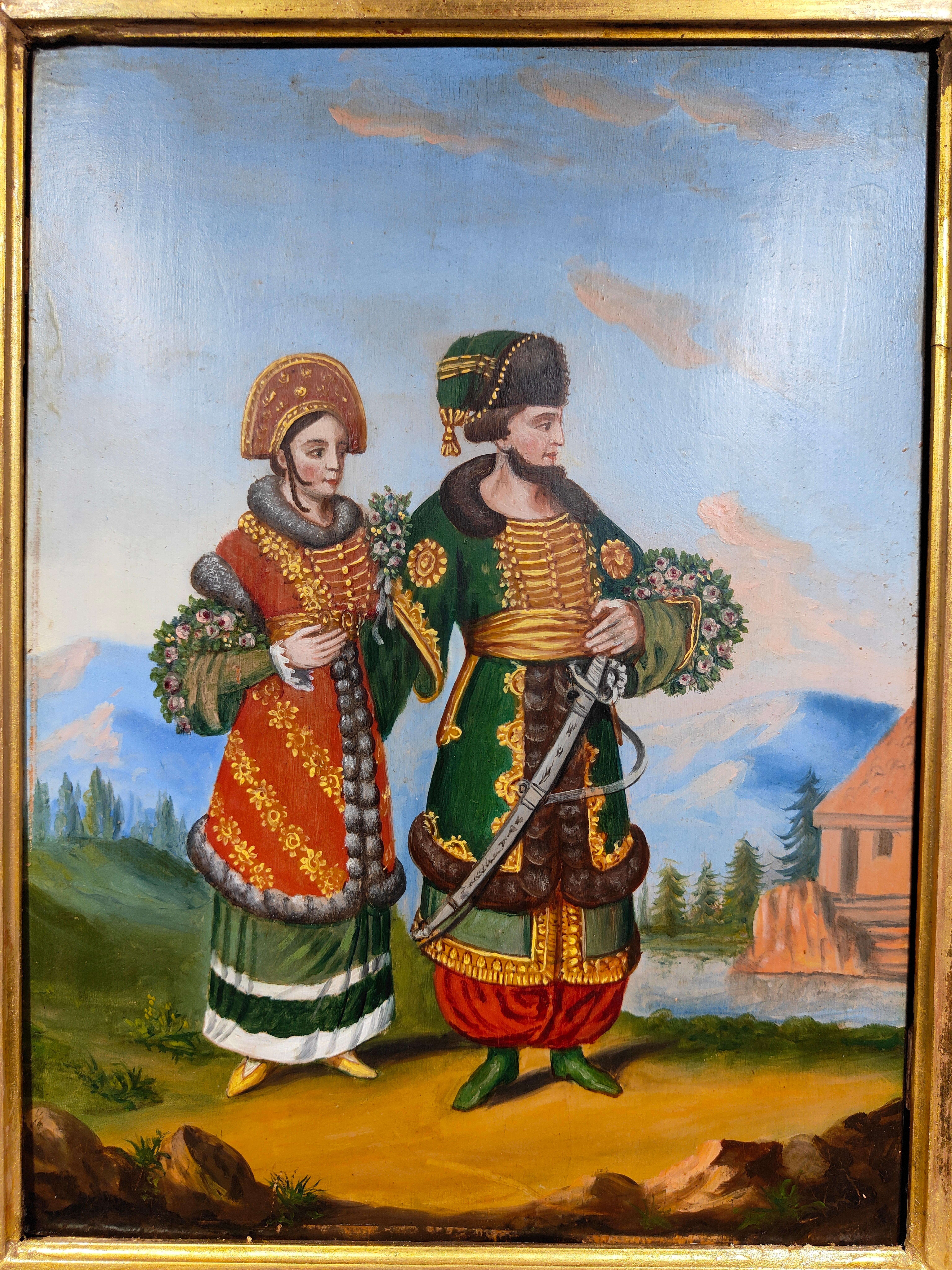 Wood Oil On Panel With National Costumes, 19th Century For Sale