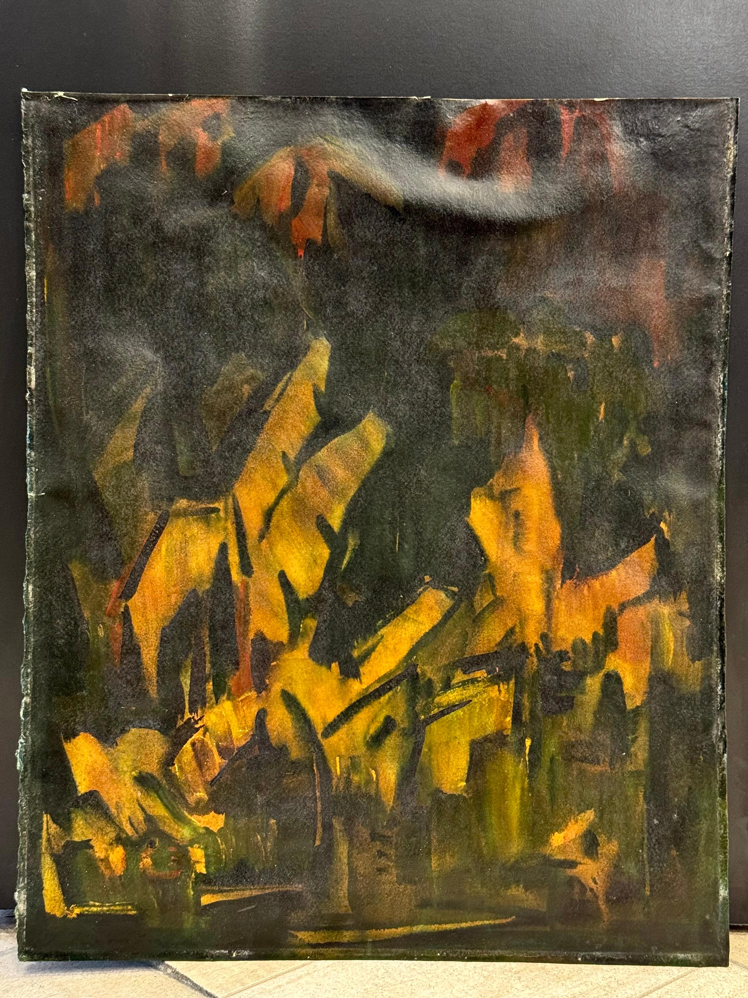 Öl auf Papier von Jonas Rimsa, 1950-1970.
Öl auf Papier von Jonas Rimsa, entstanden zwischen 1950 und 1970, zeigt eine abstrakte Szene in dunklen Erdtönen. Die Komposition mit ihren dicken, gestischen Pinselstrichen suggeriert unbestimmte Formen und