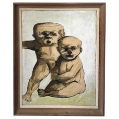 Oil on Paperboard of Two Babies