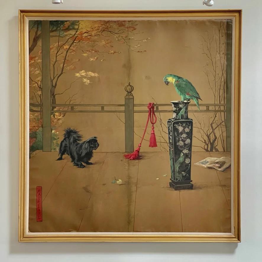Maud Earl, British, 1864-1943 The Parrot and the Pekinese, 1914, Signed and datedMaud Earl 1914 (ll) Oil on silk laid to canvas 66 x 63 inches (167.4 x 160 cm). Purchased for $25,000 at Sotheby’s, 1998.

