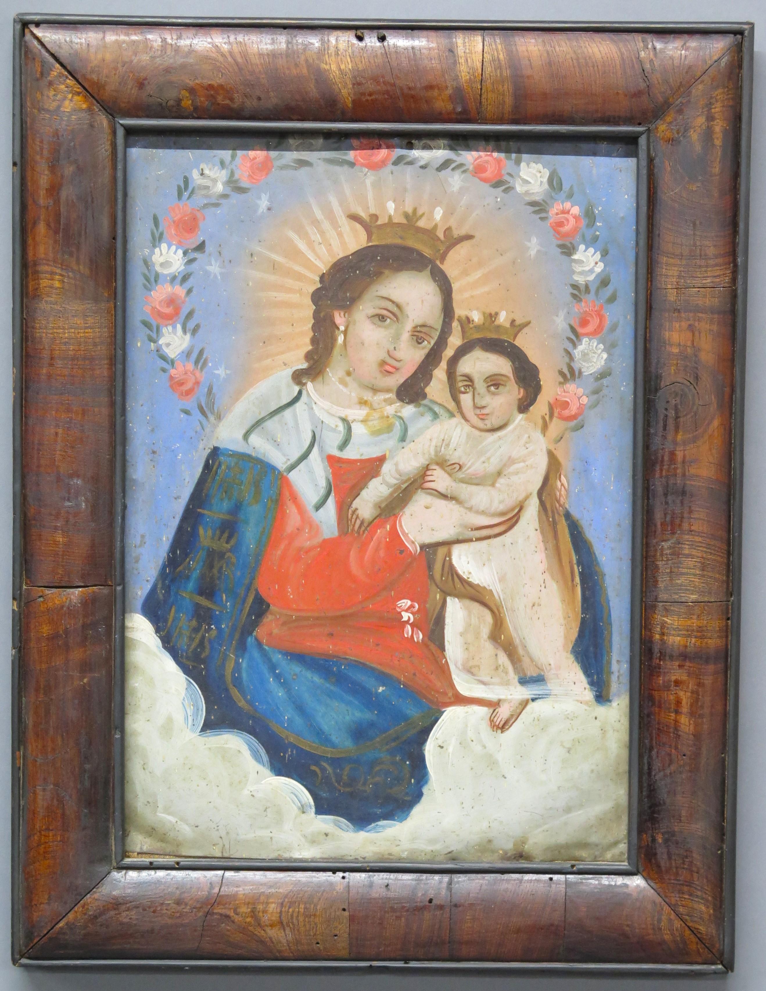 Oil on Tin Retablo Our Lady Refugio of Sinners or Madonna and Child For Sale 4