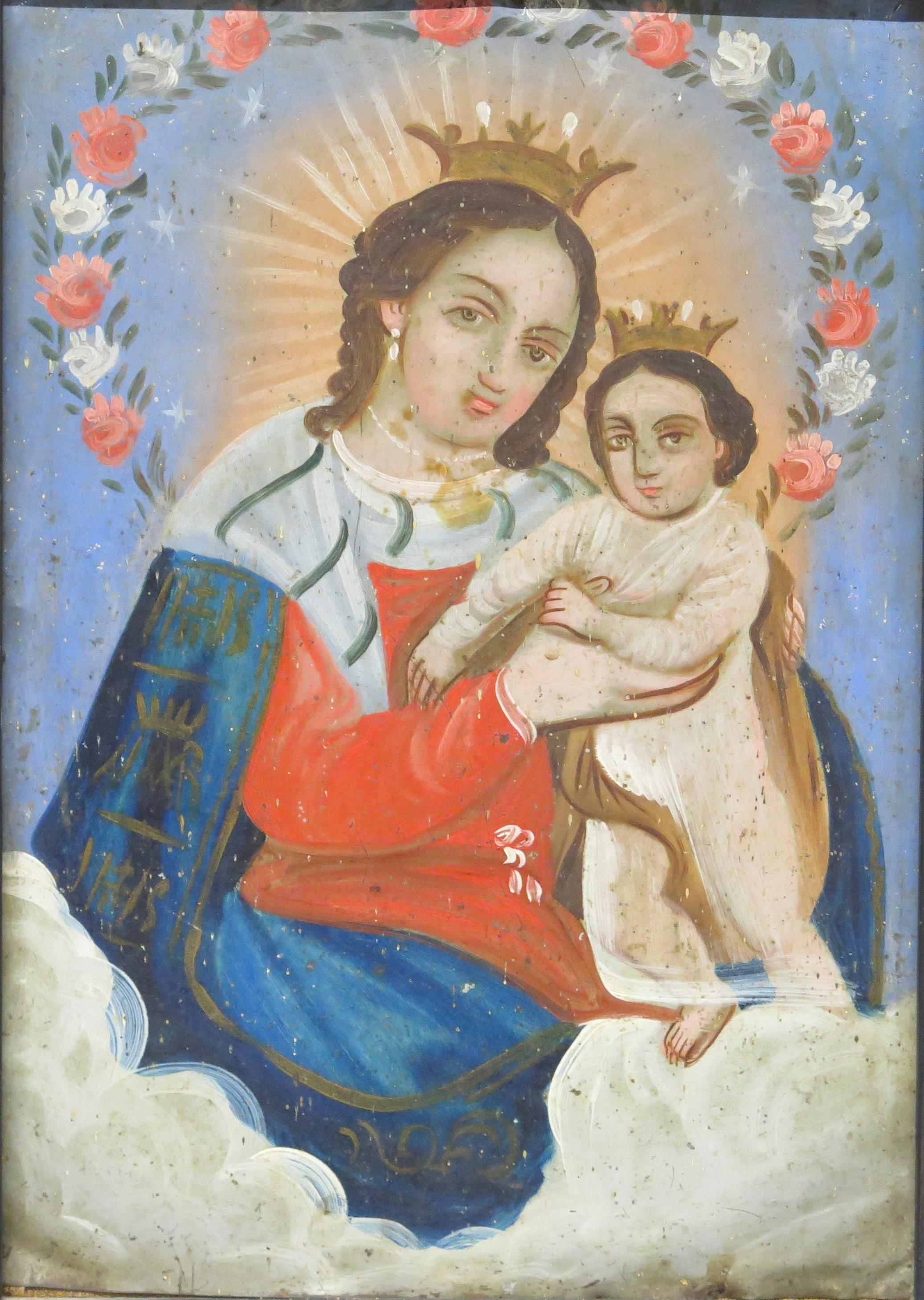 Oil on tin retablo nuetra señora del refugio ( Mary Refuge of Sinners ) or madonna and child, She is crowned and is holding baby christ, who is also crowned she is wearing blue and orange on a light blue background. Mexico. 19th