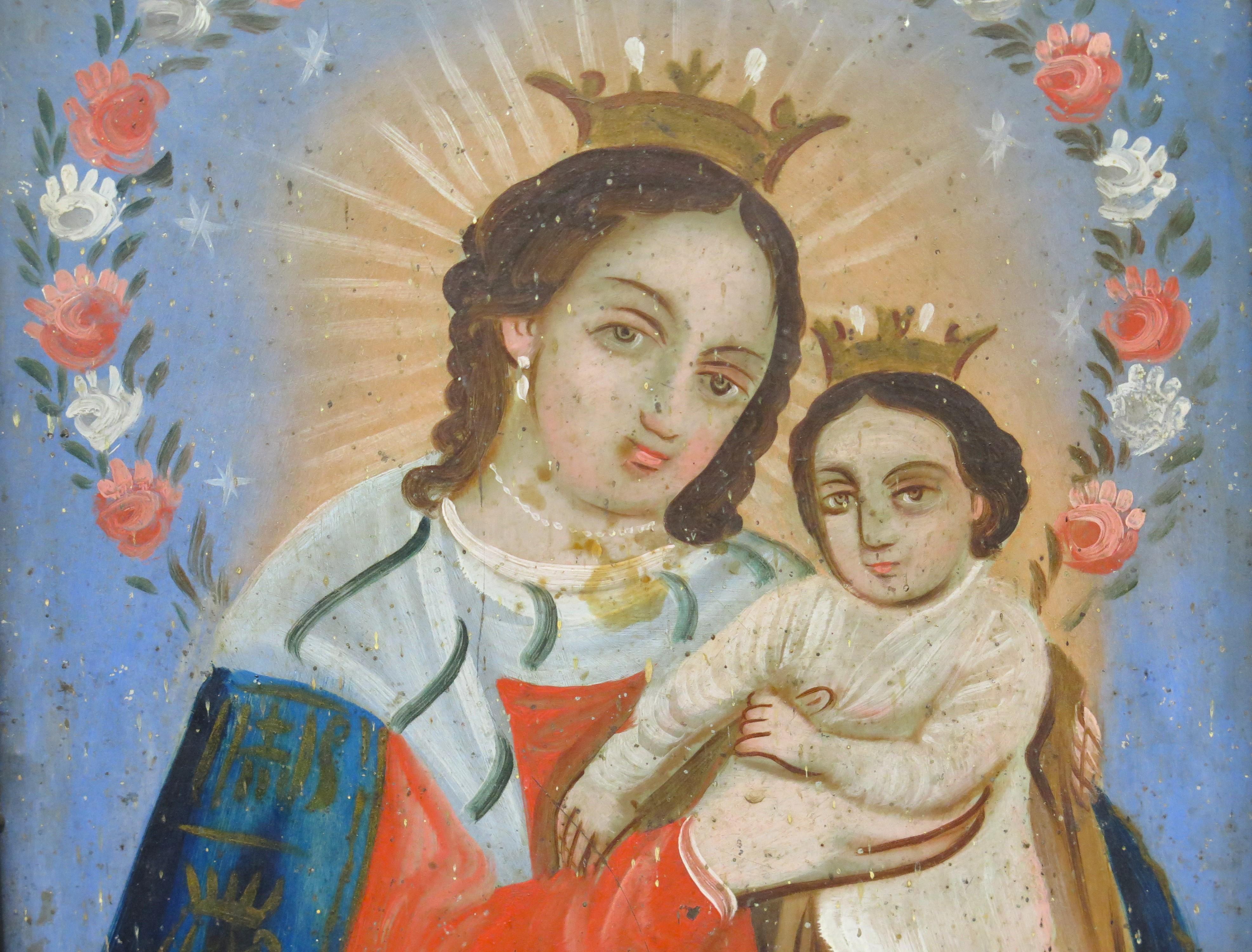 Baroque Oil on Tin Retablo Our Lady Refugio of Sinners or Madonna and Child For Sale