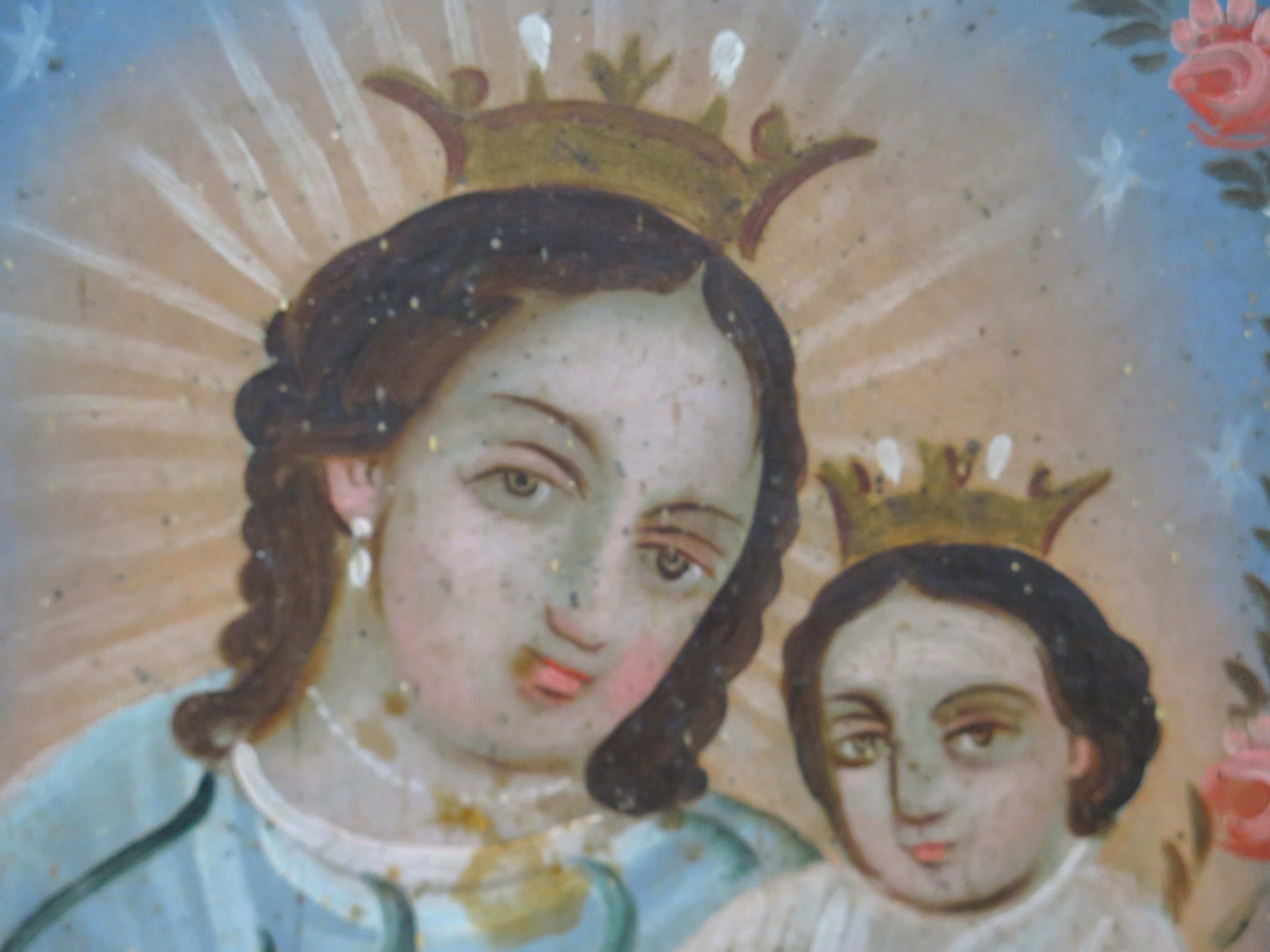 Étain Huile sur étain Retablo Our Lady Refugio of Sinners ou Madonna and Child en vente