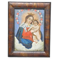 Antique Oil on Tin Retablo Our Lady Refugio of Sinners or Madonna and Child