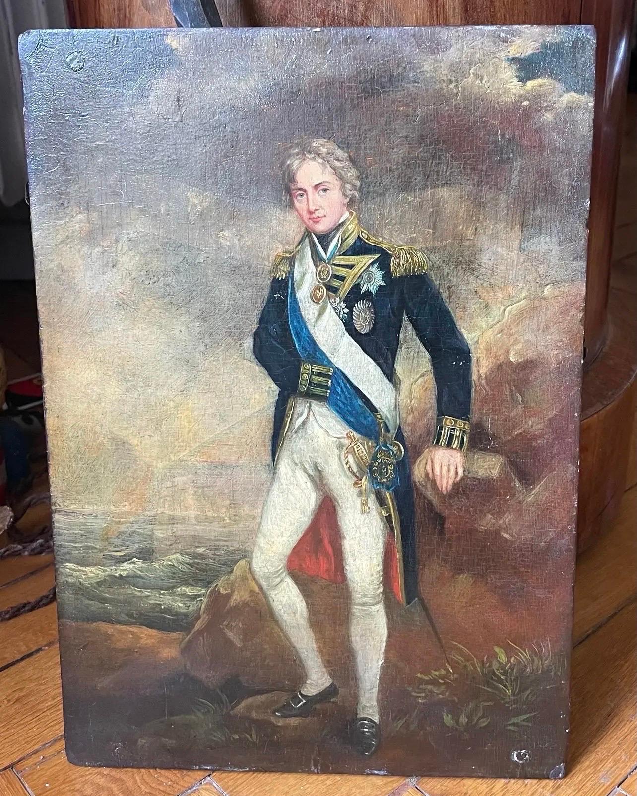 Hand-Painted Oil on Wood Depicting Amiral Horatio Nelson in Military Costume England 19th For Sale