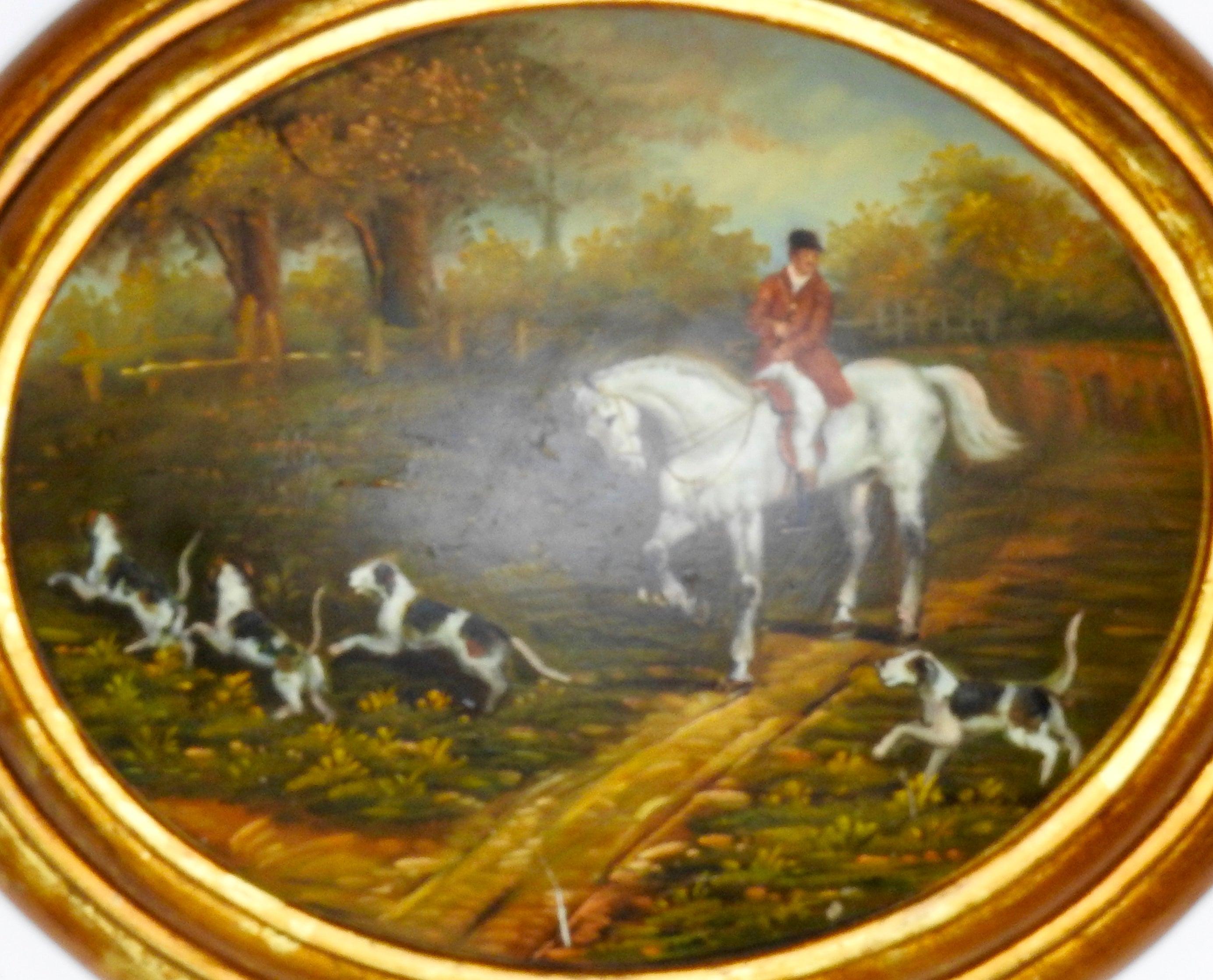 Featured is a 19th century oil painting on wood depicting an English hunting scene. This gorgeous piece is rich in detail and color with the hunting dogs in the foreground and a beautiful depiction of cloudy skies and trees in the background with