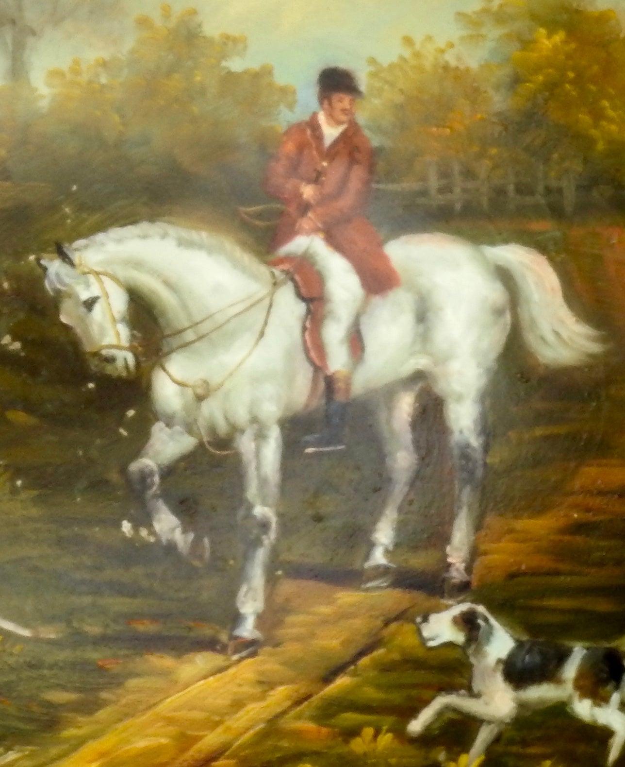 Folk Art Oil on Wood English Hunt Scene, 19th Century For Sale