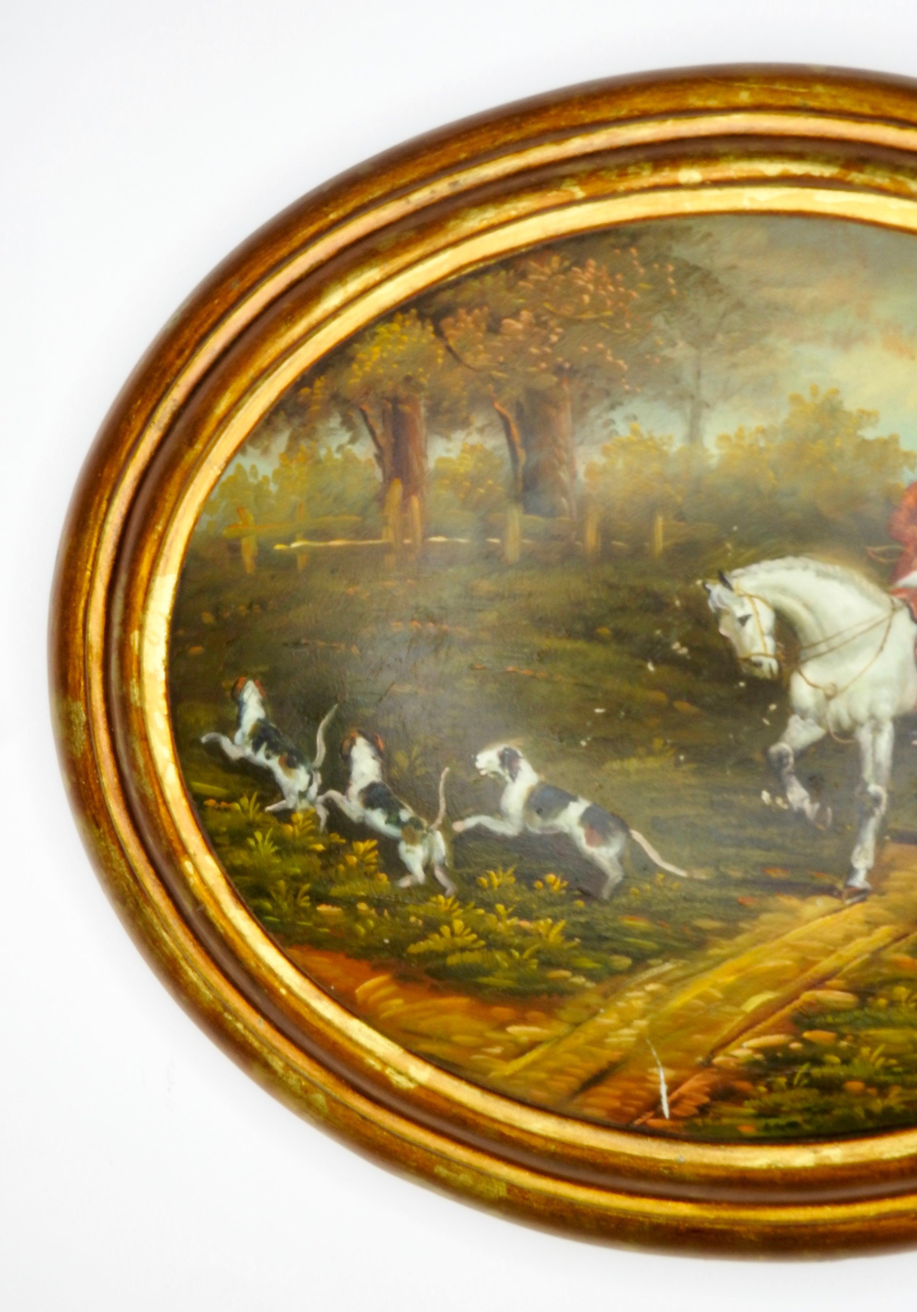 Hand-Painted Oil on Wood English Hunt Scene, 19th Century For Sale