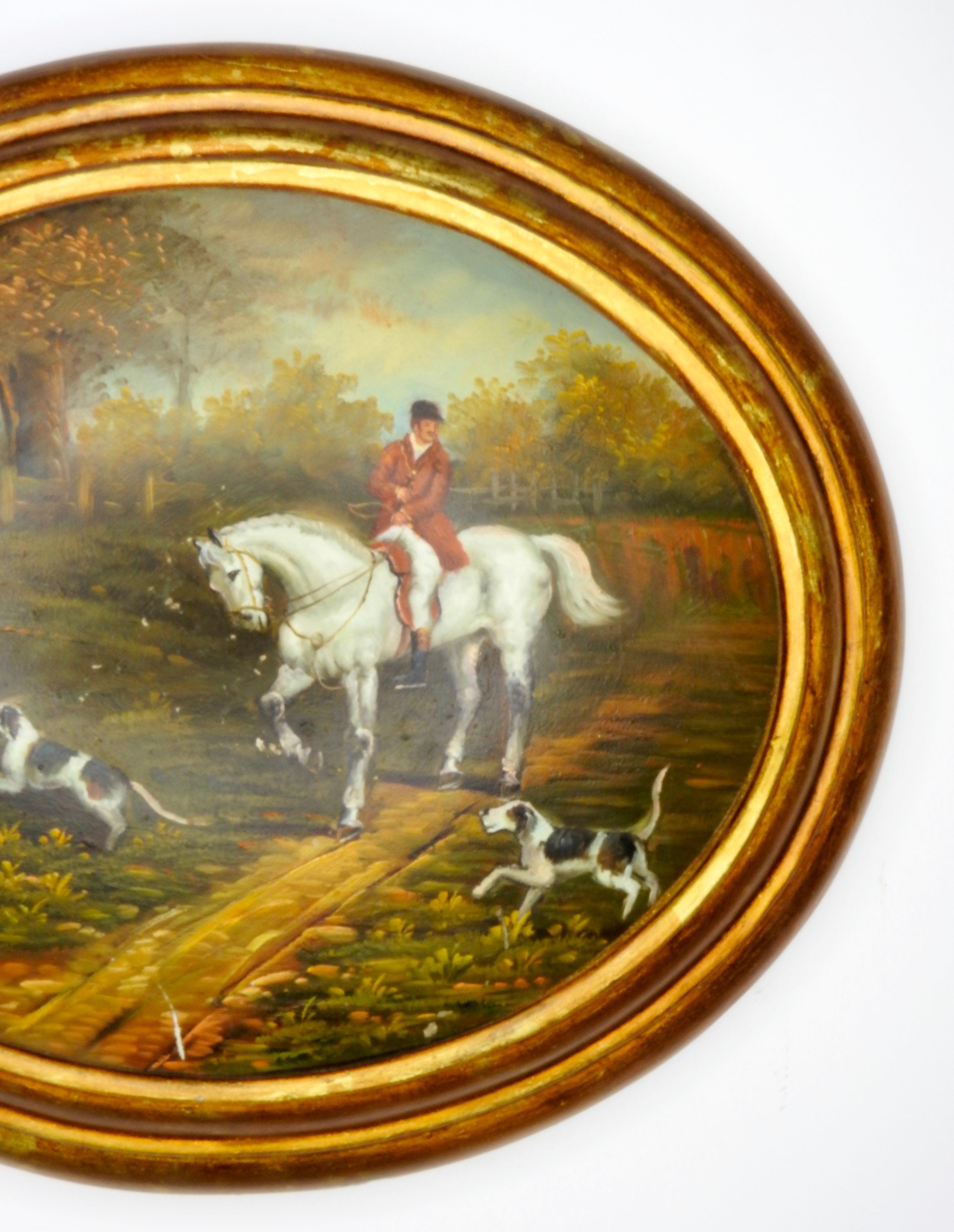 Oil on Wood English Hunt Scene, 19th Century In Fair Condition For Sale In Cookeville, TN