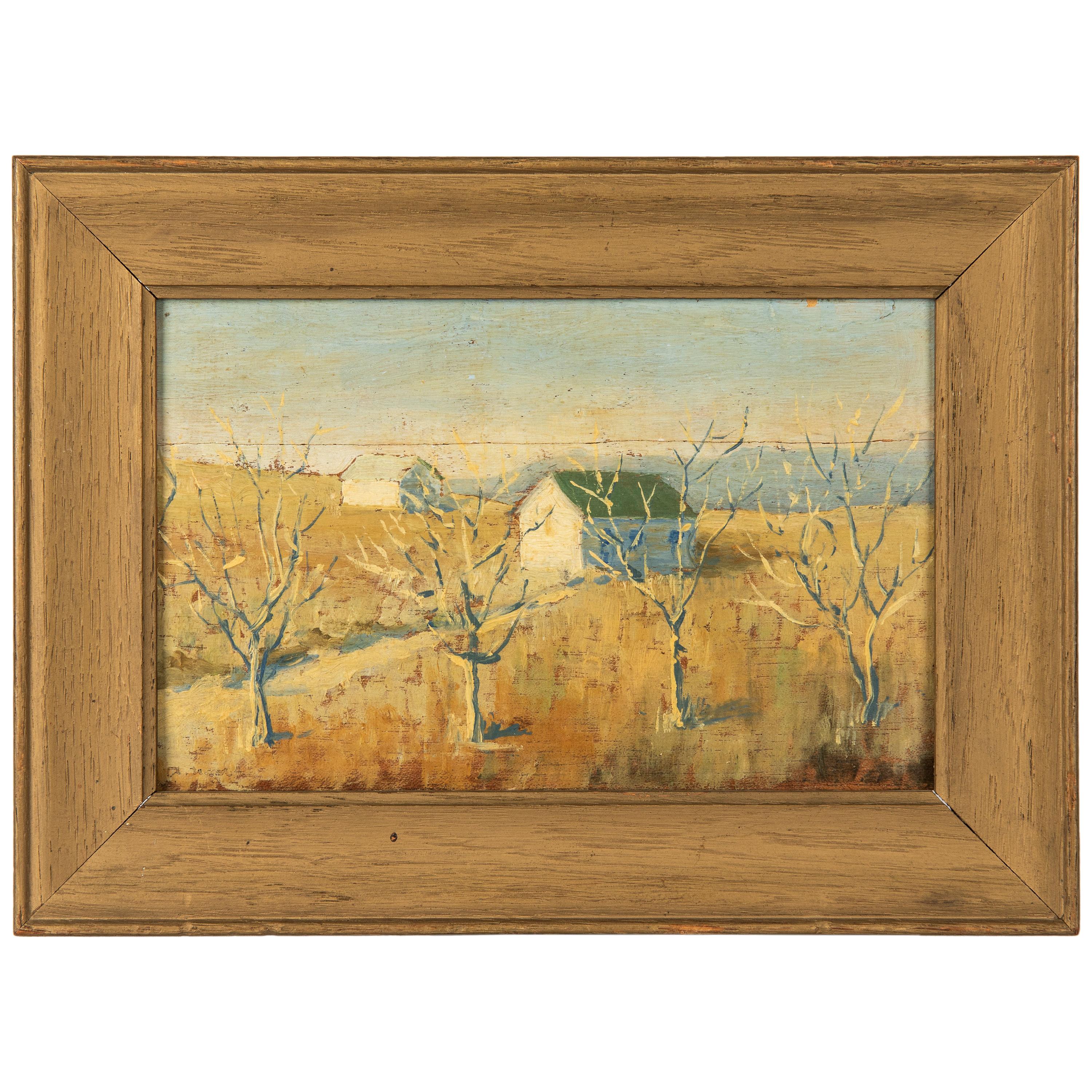 Rustic Russian Oil on Wood Painting by Leskov, Huts in Siberia For Sale