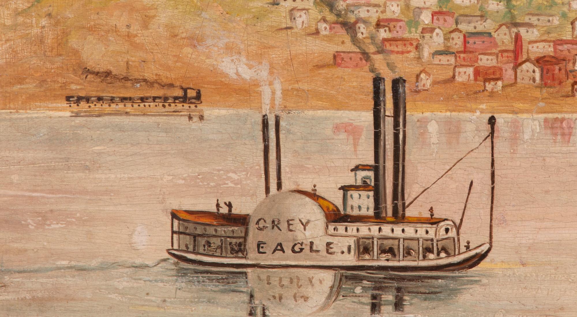 Ölgemälde auf Holztafel, Darstellung des Paddlewheel-Dampfers „Grey Eagle“, ca. 1865-1888 (amerikanisch) im Angebot