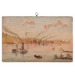 Huile sur panneau de bois, représentant le vapeur à roues à aubes Grey Eagle, vers 1865-1888
