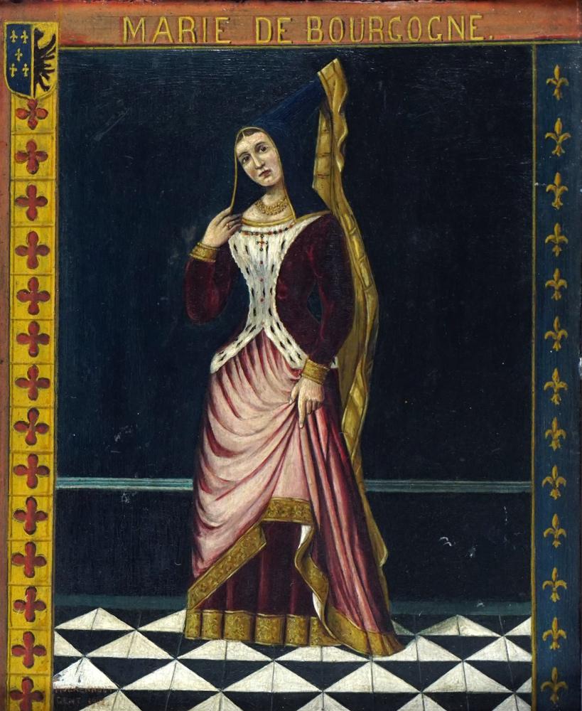 Oil on panel of Marie de Bourgonne signed: Moerenhout Gent 1902
Mary of Burgundy (French: Marie de Bourgogne; Dutch: Maria van Bourgondië; 13 February 1457 – 27 March 1482), nicknamed the Rich, titular Duchess of Burgundy, reigned over the