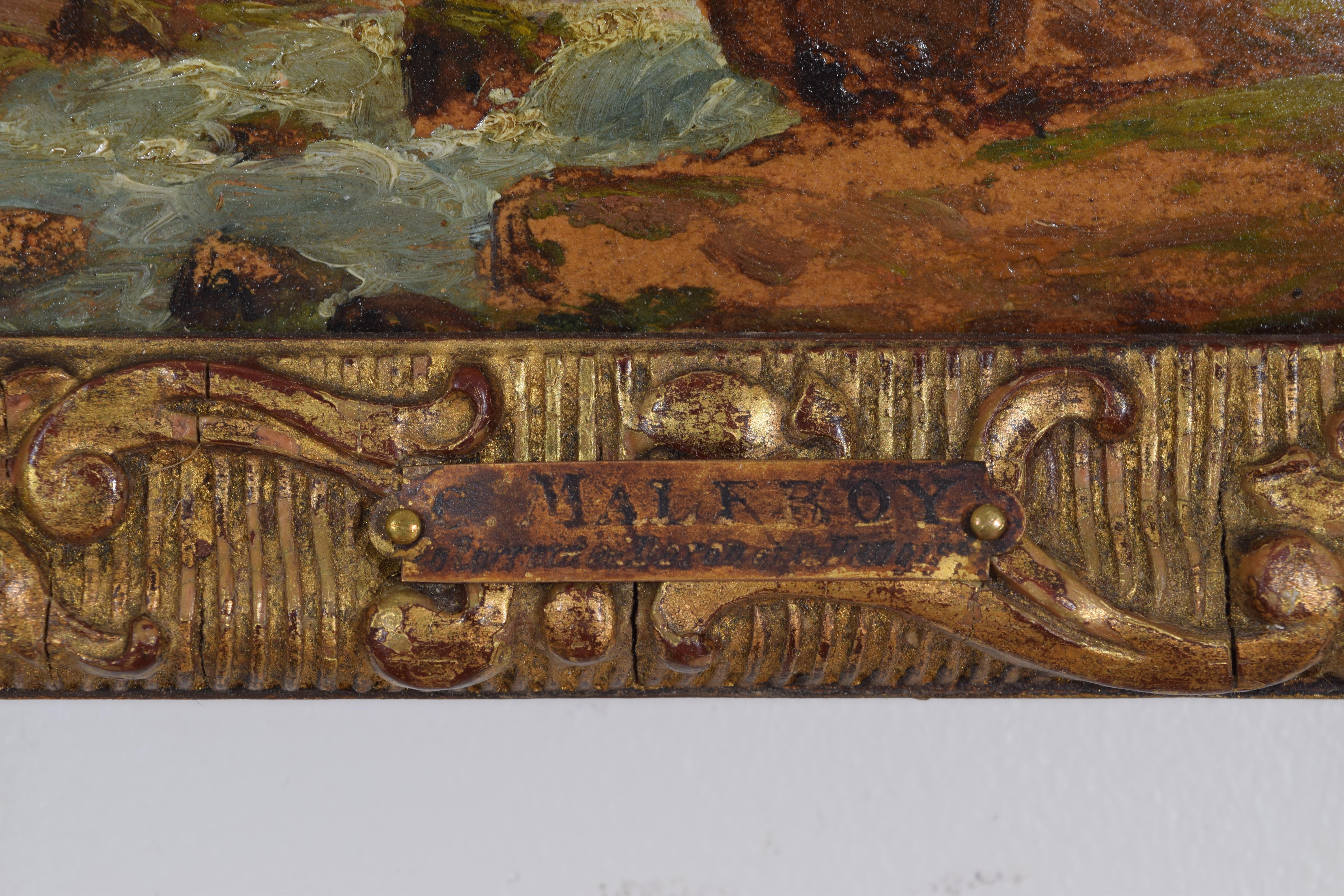 Début du 20ème siècle Huile sur panneau de bois signée Charles Malfroy - Scène de rivière alpine, 19e-20e siècle en vente
