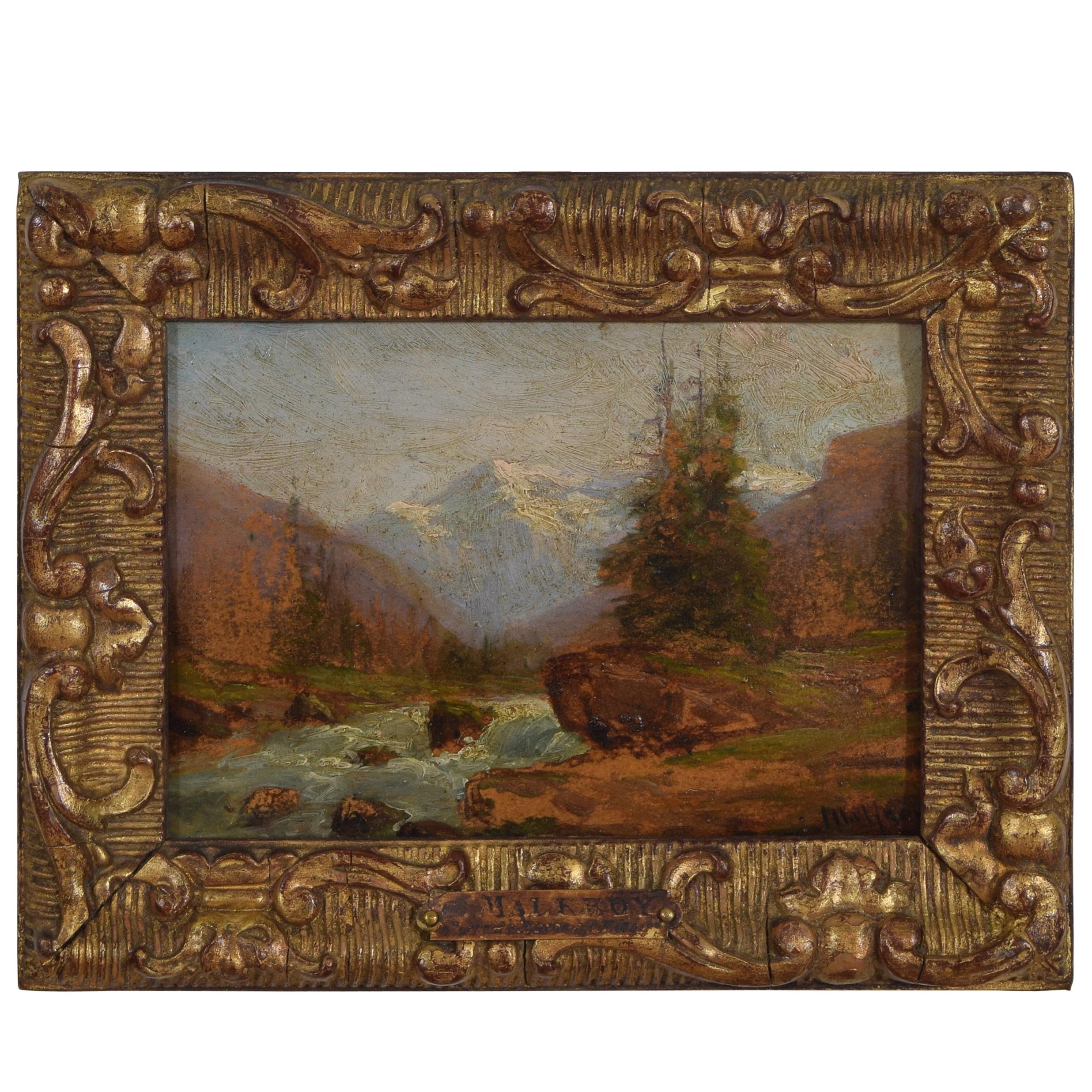 Huile sur panneau de bois signée Charles Malfroy - Scène de rivière alpine, 19e-20e siècle en vente