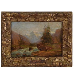 Antique Oil on Wooden Panel Signed Charles Malfroy Alpine River Scene, 19th-20th Century