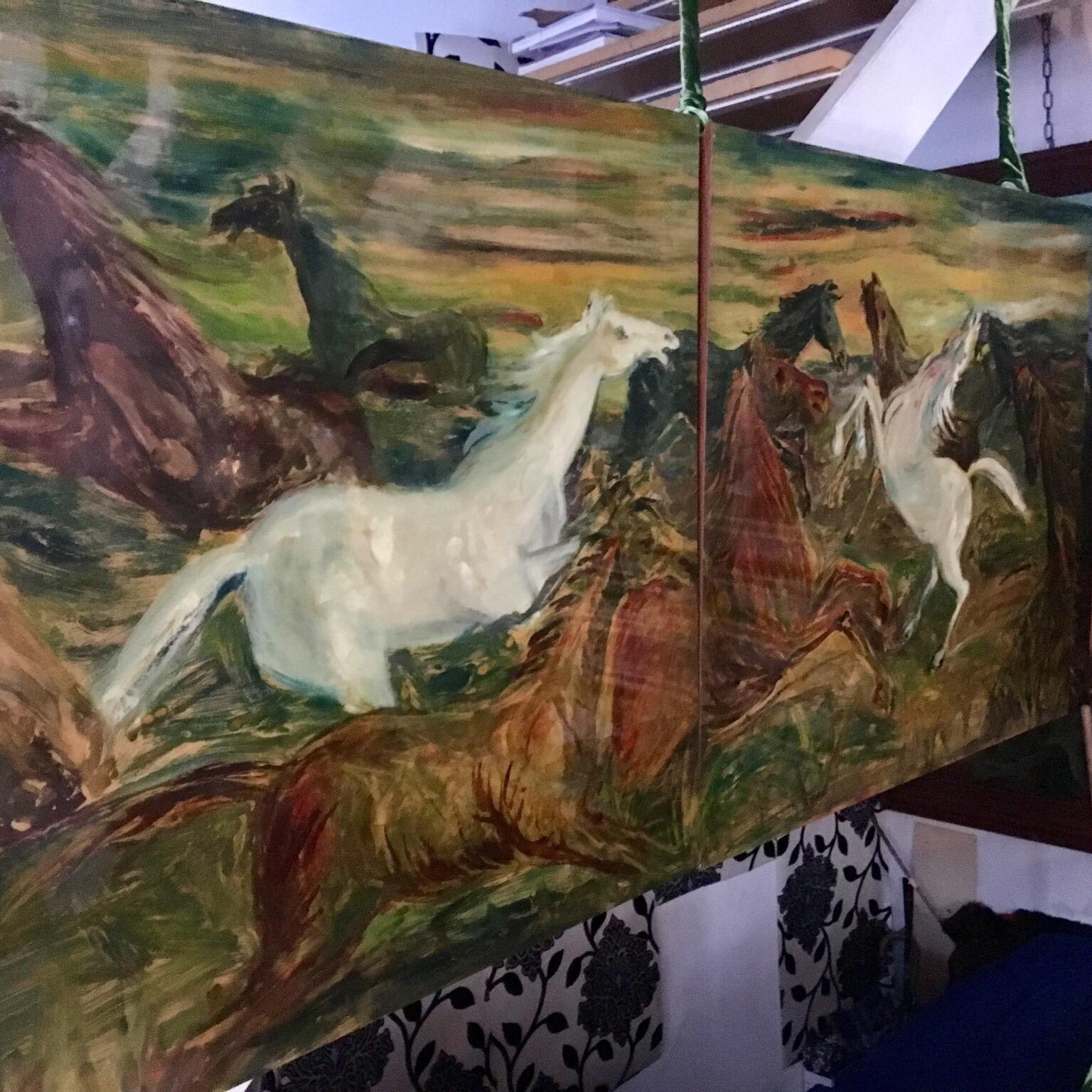 Vintage oil painted horses on a pair of rectangular wooden panels, glossy lacquered finish, signed by Decalage '56.