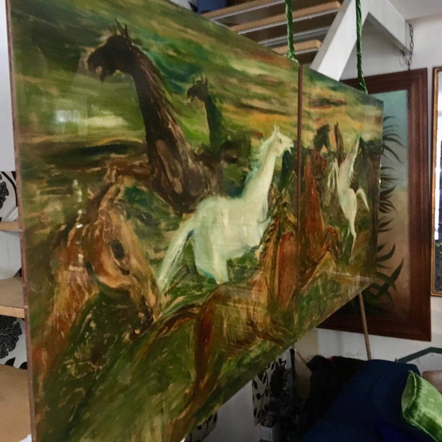 Mid-Century Modern Oil Painted Horses on a Pair of Rectangular Wooden Panels, Signed Decalage, 1956